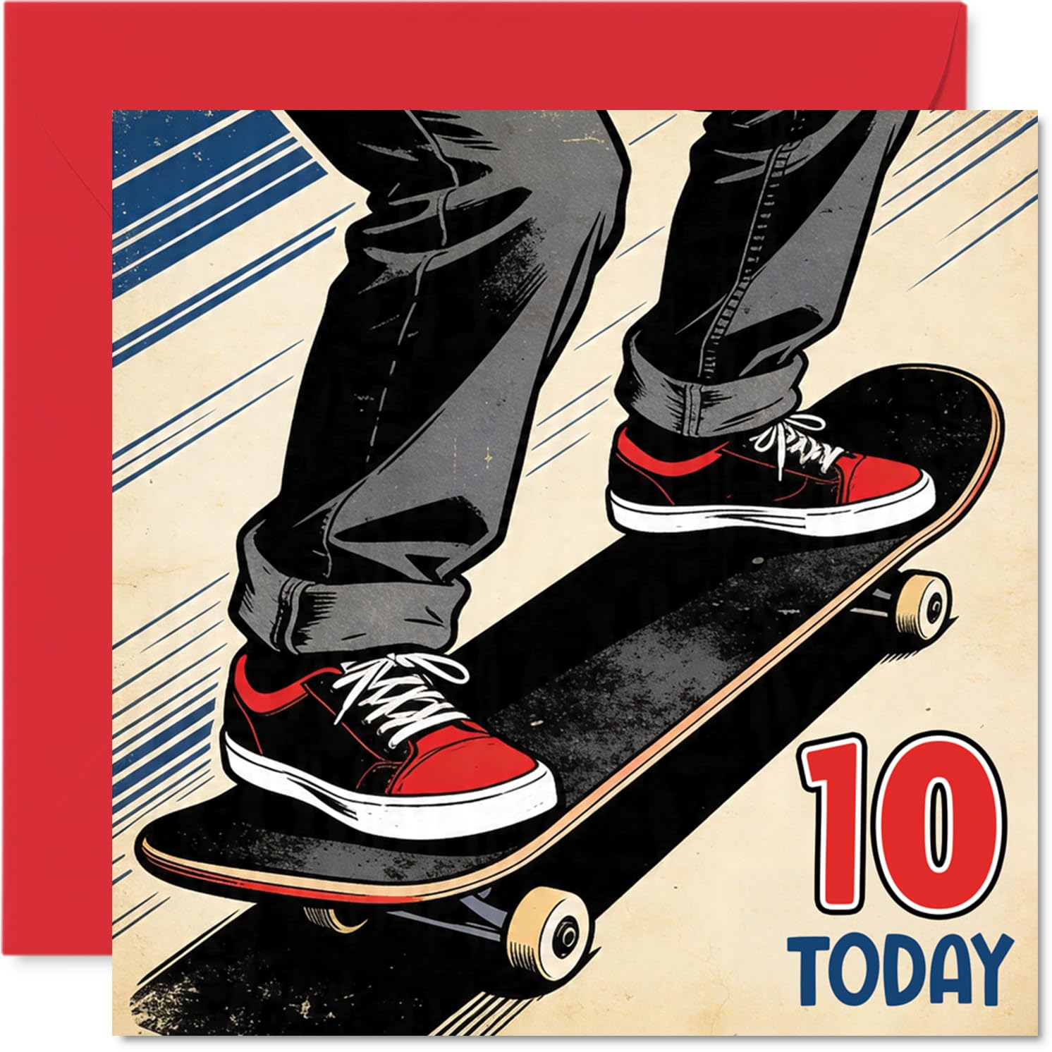 Playful 10th Birthday Card - Kickflip into Double Digits - Skateboarder in Action with Bold 10 TODAY - Bursting with Energy for a Cool Birthday - 145mm Square, Envelope Included