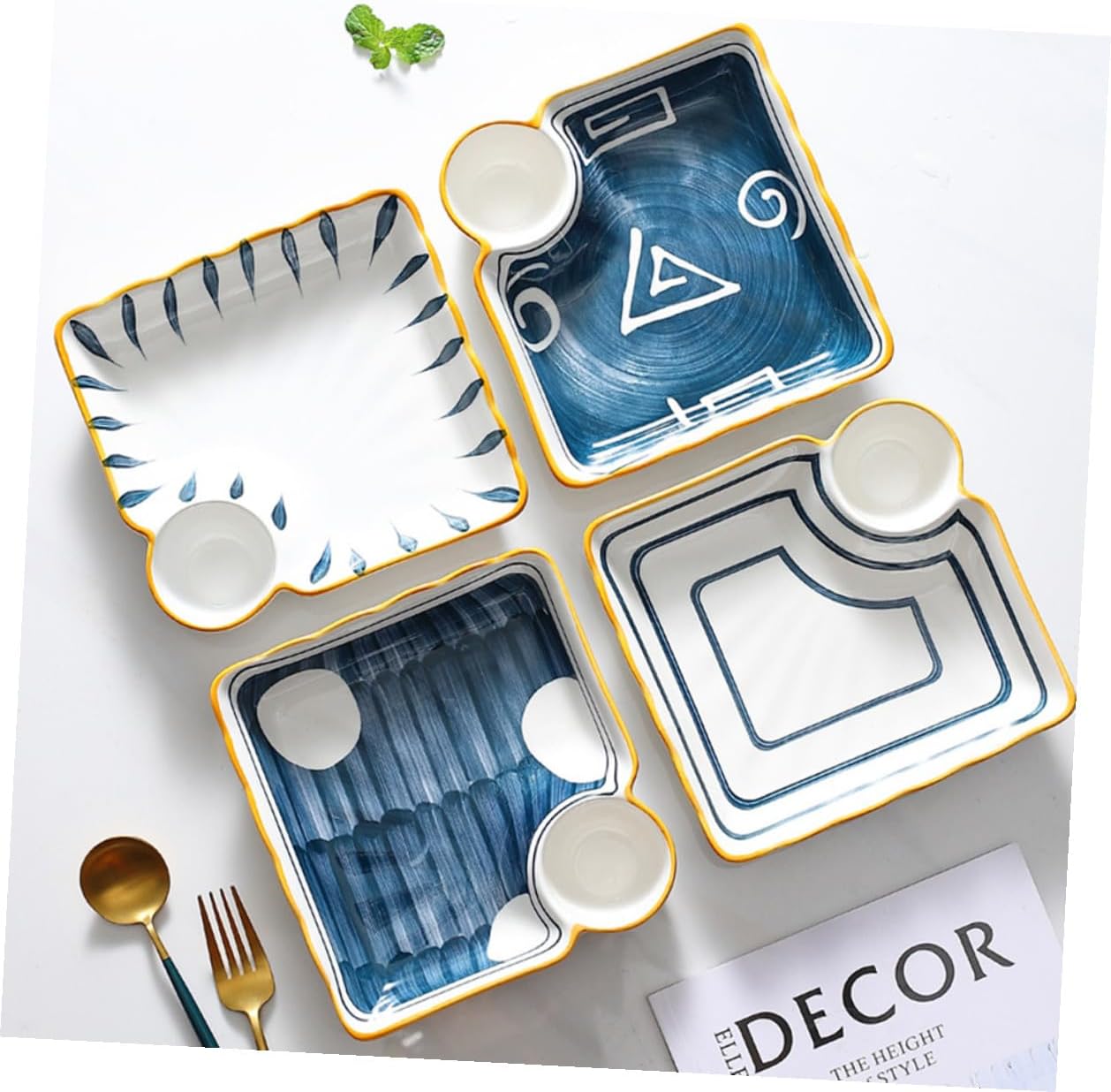 Ceramic Sushi Plates and Dumpling Tray Set 4pcs Square Multi-grid Serving Plates with Dipping Bowls for Japanese Cuisine and Snack Presentation Random Color