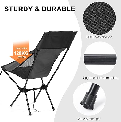 Miniatura 6 de Silla de camping plegable y ligera con respaldo alto con bolsillo para exteriores, silla de viaje portátil para adultos, color negro