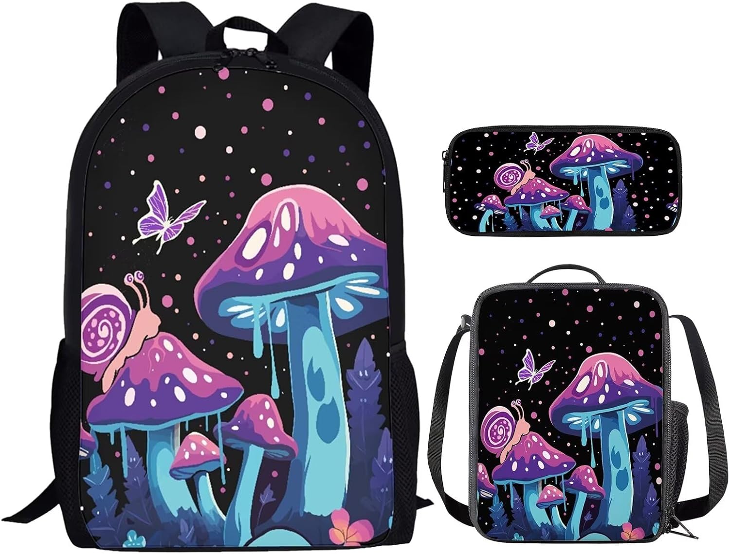 HUIACONG Snail Butterfly Bookbag for Boys Mushroom Dots Backpack Elementary School Girls Backapck with Lunch Bag for Kids 8-12 Girls Book Bag Lunch Box Pencil Case Students Schoolbag