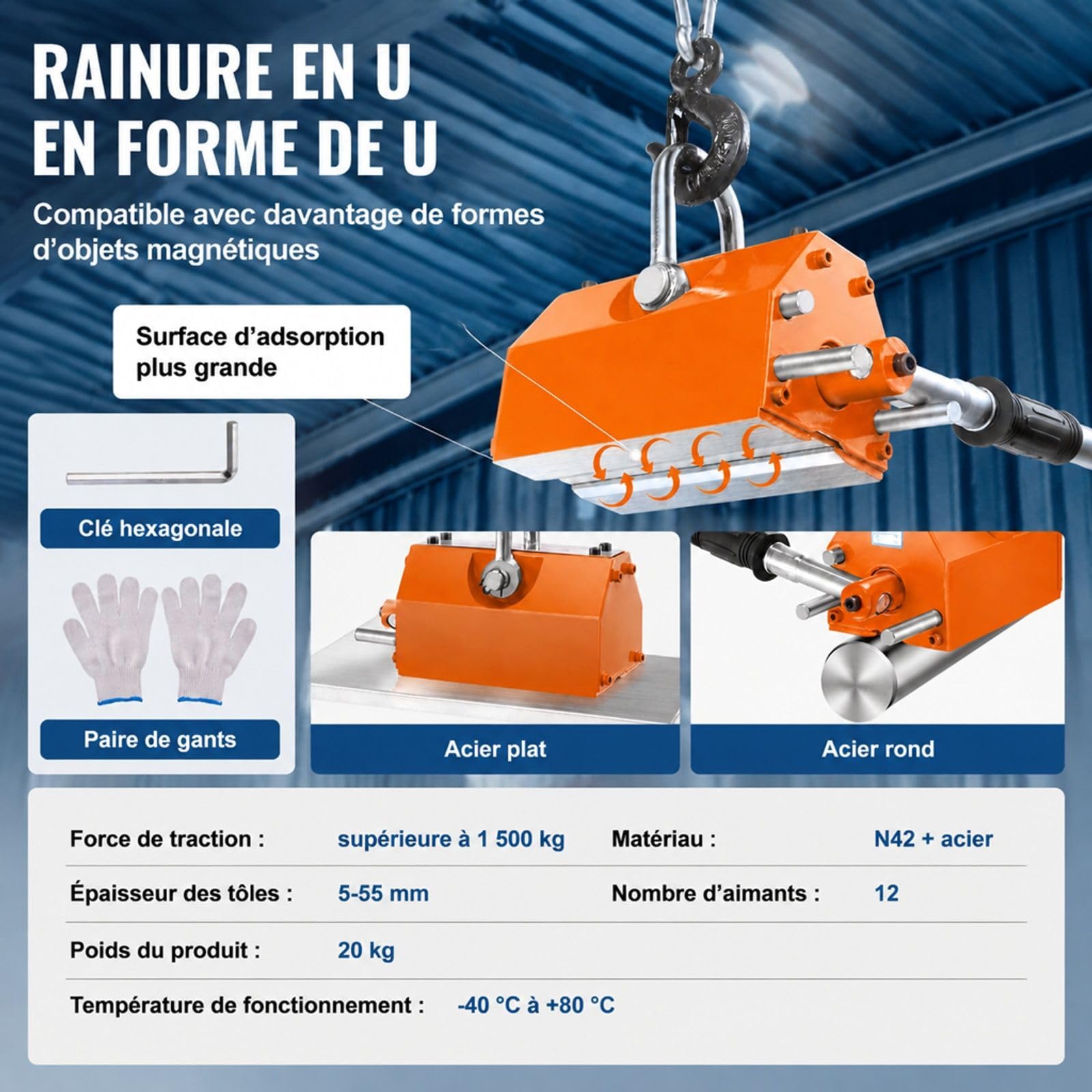 Aimant de levage 600 kg en néodyme avec crochet chromé pour manutention de tôles et matériaux magnétiques