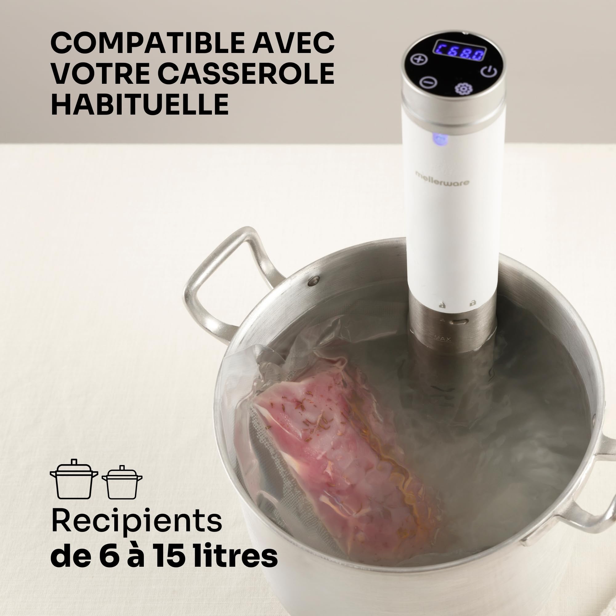 Mellerware Sous vide Roner de cuisine à basse température, machine de cuisson sous vide de 1000 W, résistance à l'eau IPX7, contrôle de température et minuterie – écran tactile (White)
