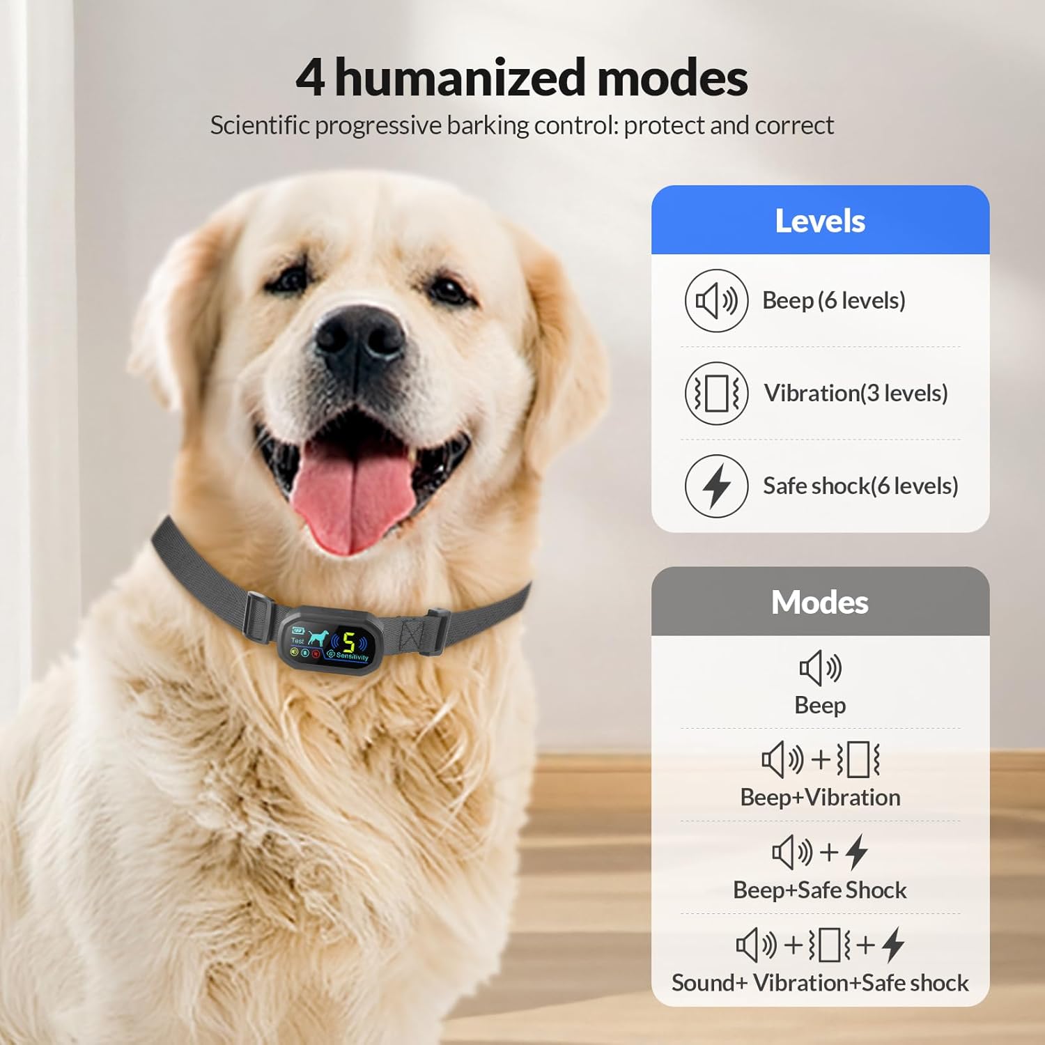 Dog Bark Collar, Waterproof Rechargeable Shock Collar for Small Dogs, Smart Training Collar with 5 Sensitivity Levels and 4 Adjustable Beep Vibration Safe Shock Modes