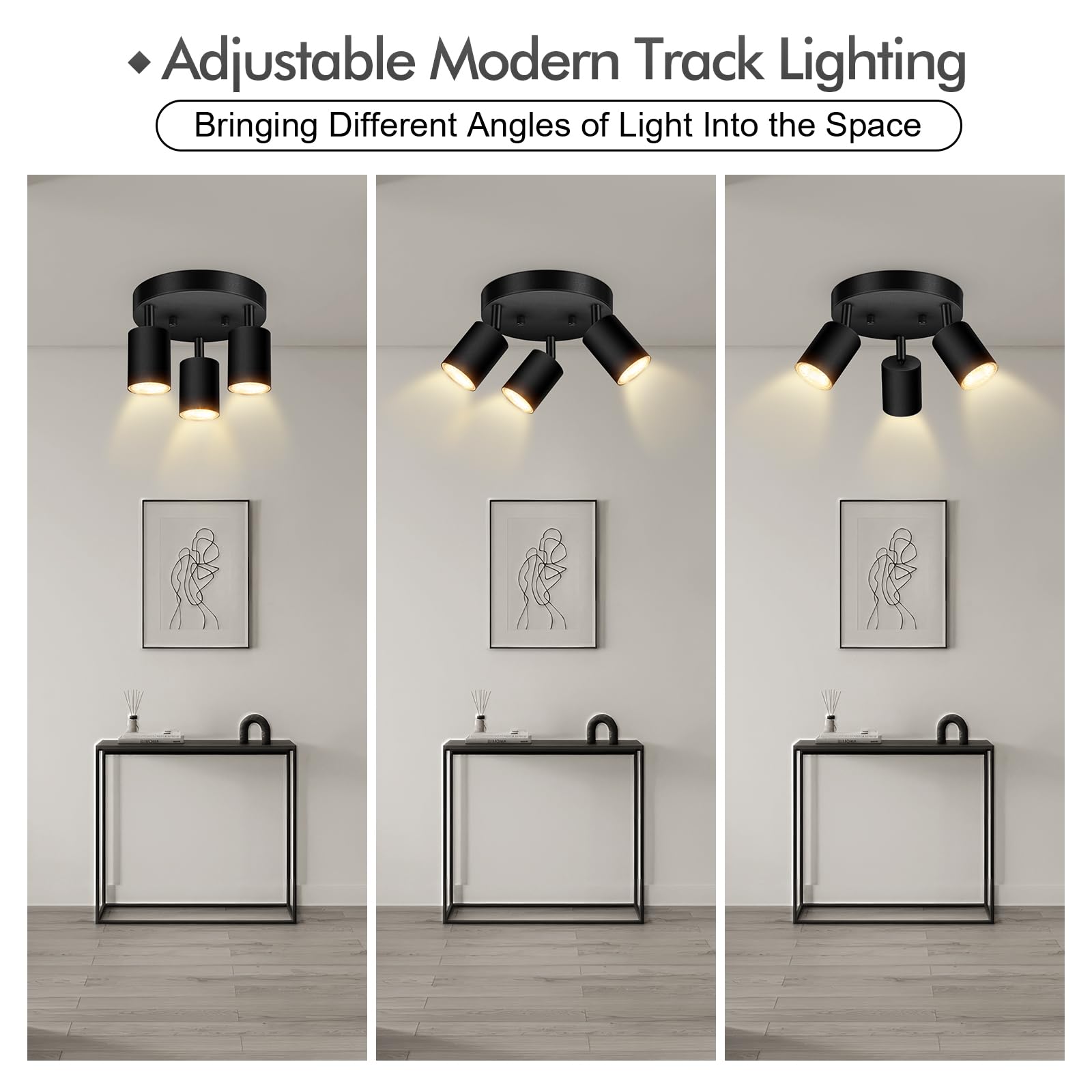 3 luces de riel de iluminación de techo, foco de techo direccional redondo negro mate, GU10 de montaje empotrado para techo/pared, luz LED moderna ajustable para cocina/sala de estar, sin bombilla 5
