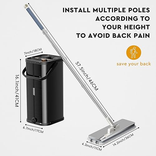 Miniatura 7 de Separa el trapeador de agua sucia, la fregona plana y el cubo para el hogar con 4 recambios adicionales, trapeador de acero inoxidable y cubo con