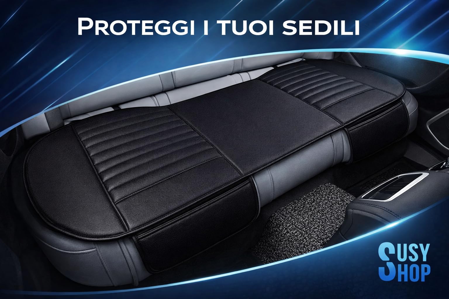 Susy Shop 3pz Coprisedile Universale Auto | Protezione Sedile 2 Anteriore e 1 Posteriore | Protector Comfort Automotive Cuscino Interni (PVC-Nero)