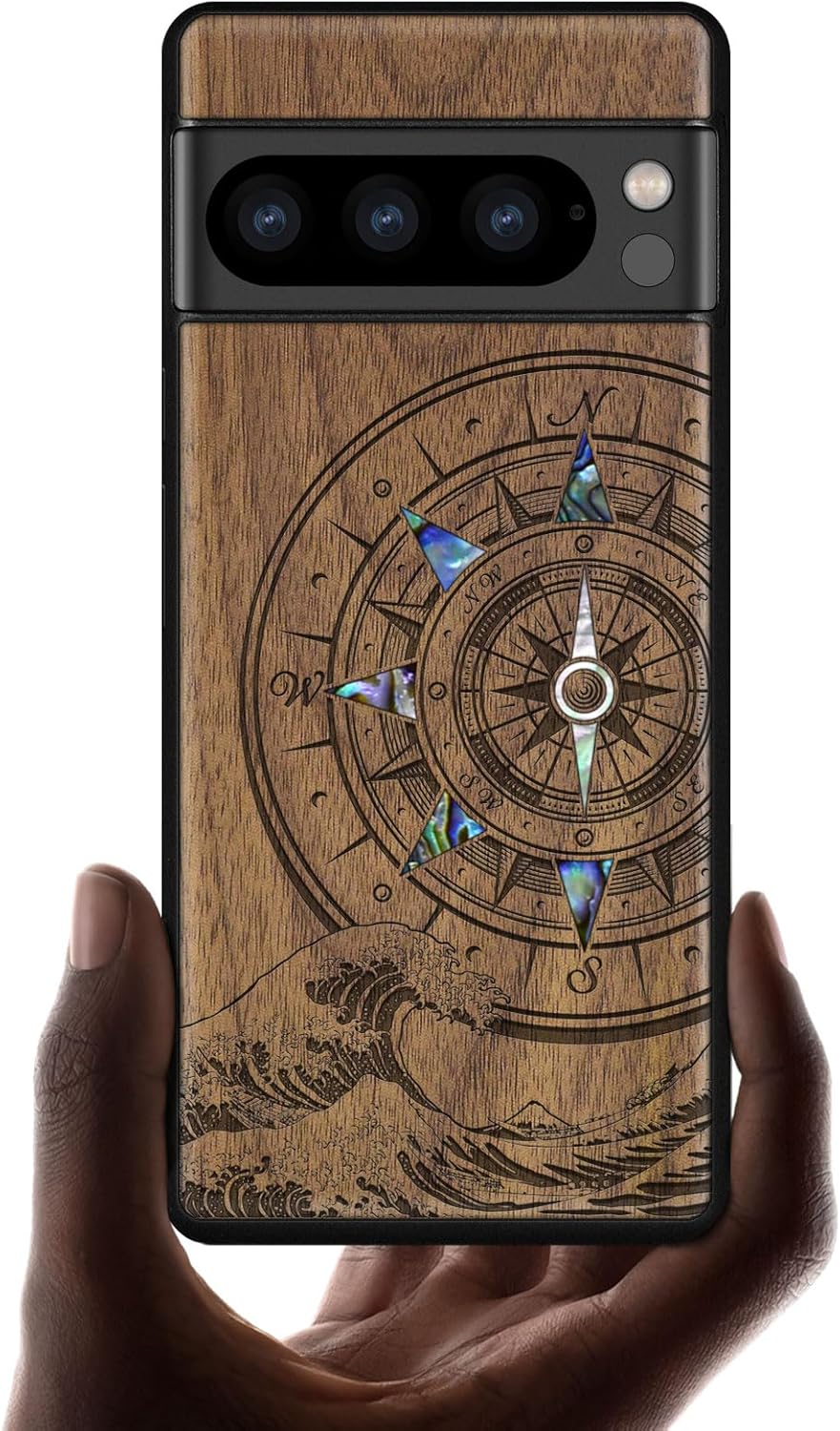 Carveit Designer Wooden Case for Google Pixel 8 Pro Case Cover [Wood Engraving & Shell Inlay] Compatible with Wireless Chargers Pixel 8 Pro (Wave Compass-Walnut)