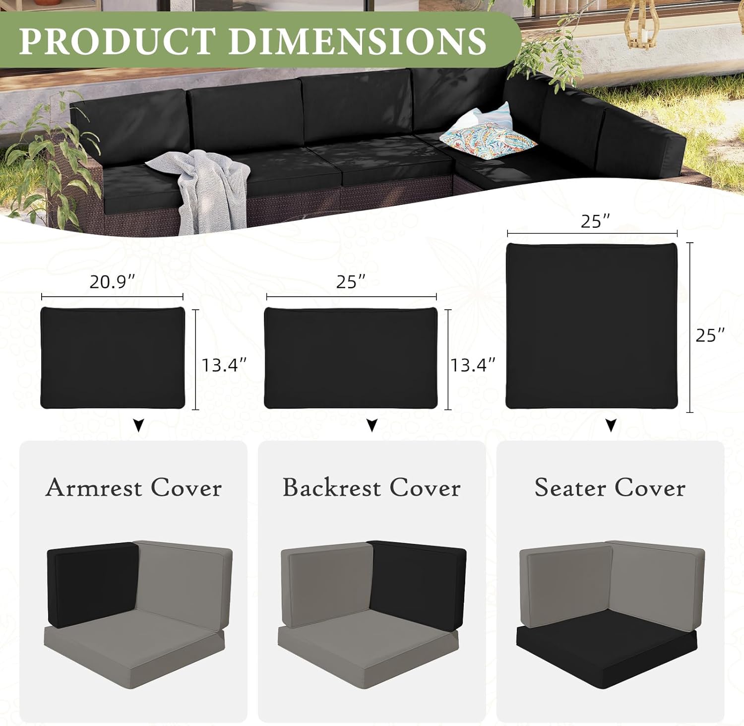 PROHIKER Patio Cushion Cover Replacement 14 Pack Outdoor Sofa Cushion and Pillow Covers Only with Zipper for 7-Piece Outdoor Patio Furniture Conversation Set (Black)