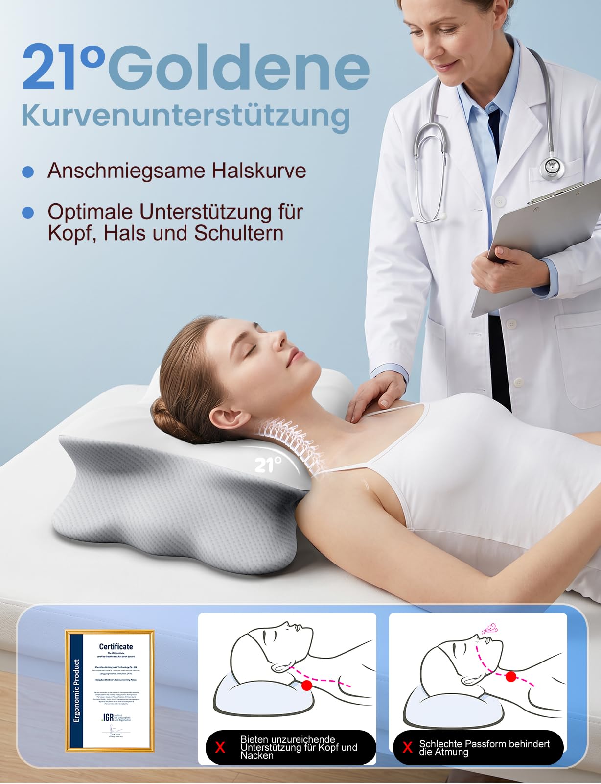 Nackenkissen, Nackenstützkissen, Memory Foam Kissen, Seitenschläferkissen, Schmetterlingskissen, Ergonomisches Kopfkissen, für Rücken-, Seiten- und Bauchschläfer, Abnehmbarer Bezug