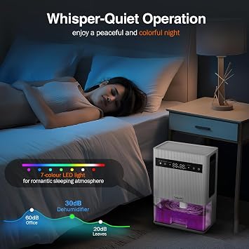 TENKER Dehumidifier for Home, 3L (106 oz) Dehumidifier with Digital Temperature & Humidity Display, Sleep Mode, Timer, Auto-Off, Auto Defrost, 7-Color Lights for Home Bedroom Bathroom Wardrobe