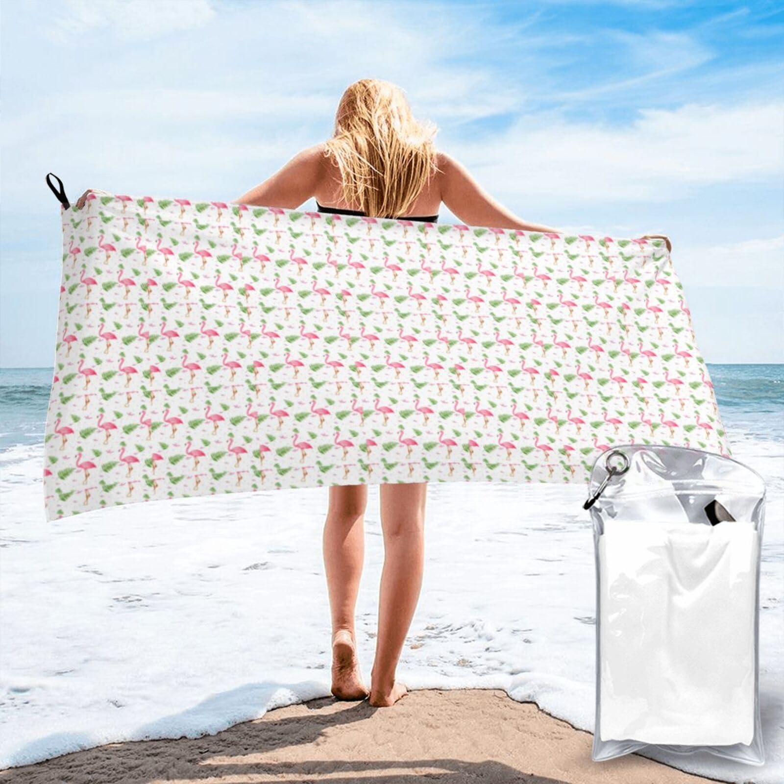 VCzsdff White Flamingo Print Quick Dry Towel Compact Beach Shower Wrap For Camping Fitness