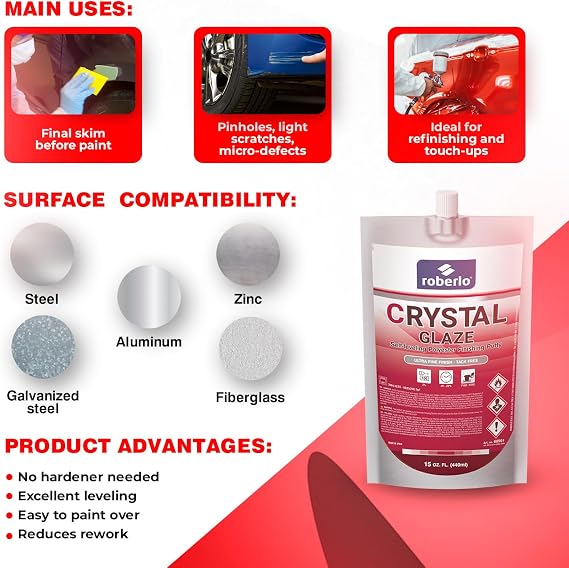 Roberlo Crystal Glaze Finishing Putty 440ml Self-Leveling, Easy Sanding, Pinhole-Free Final Skim Putty for Steel, Aluminum, Galvanized, Zinc & Fiberglass Smooth Finish