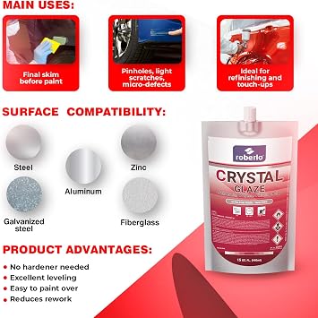 Roberlo Crystal Glaze Finishing Putty 440ml Self-Leveling, Easy Sanding, Pinhole-Free Final Skim Putty for Steel, Aluminum, Galvanized, Zinc & Fiberglass Smooth Finish