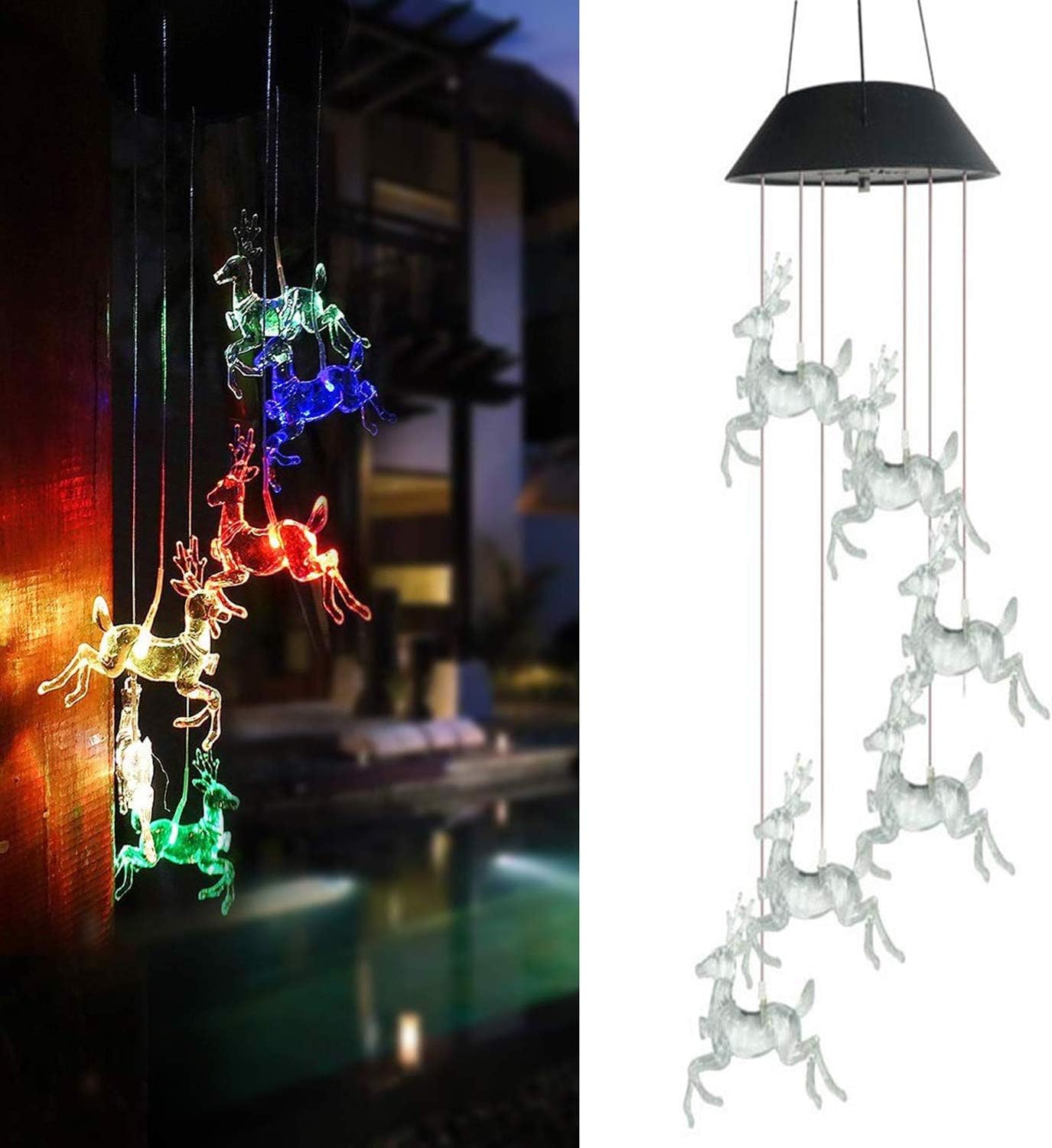 Tvoip Color Changing LED Solar Power Lamp Deer Wind Chimes