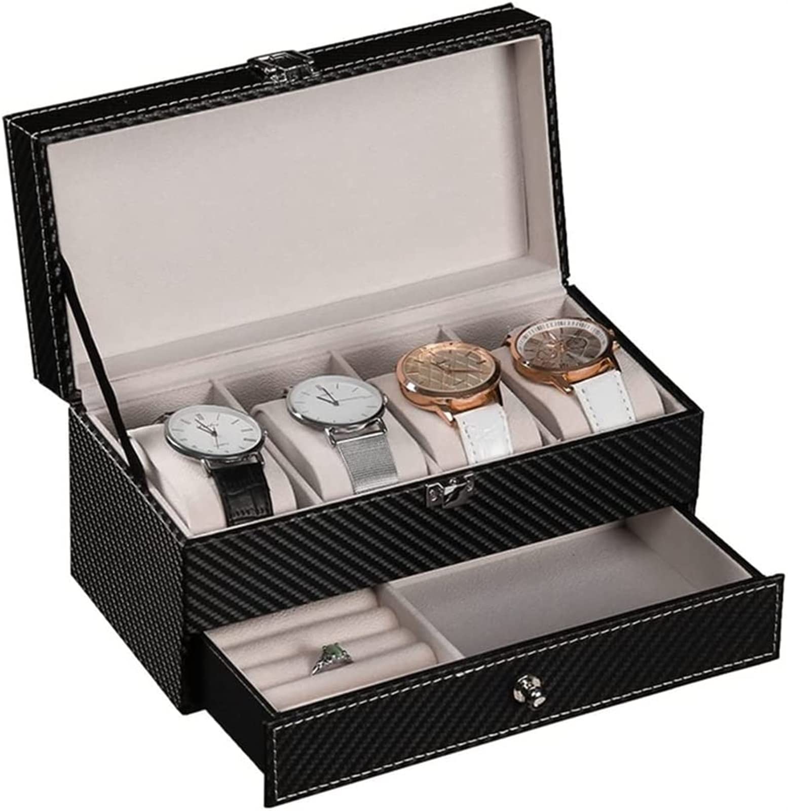 TIANQIHAO Carbon Fiber 2 Layers 4-Bit Box With Drawer Watch Box Storage Watches Display Storage Box Case Jewelry Watch Collector Case