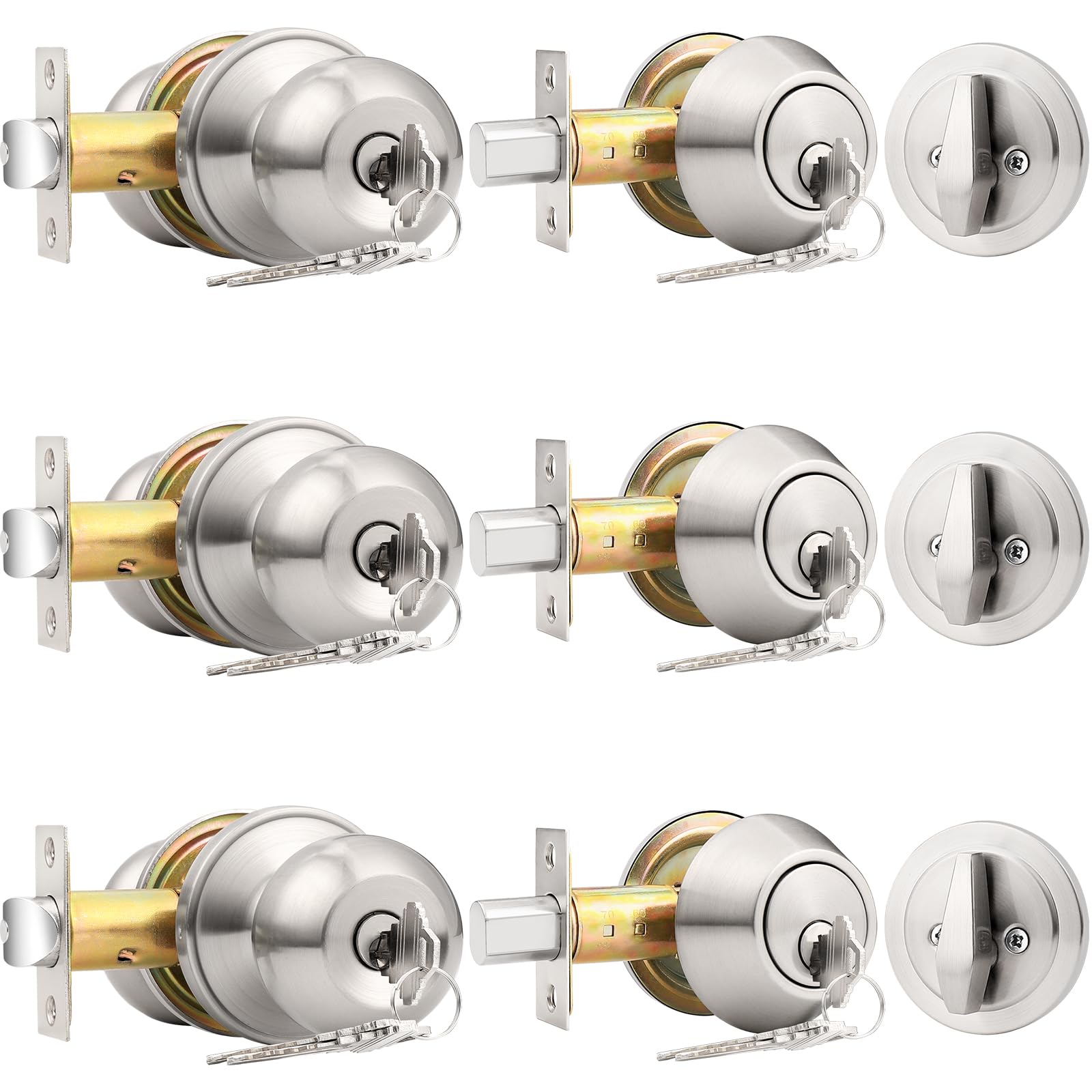 Probrico Door Knob & Deadbolt Set - Brushed Nickel (3 Pack) -1