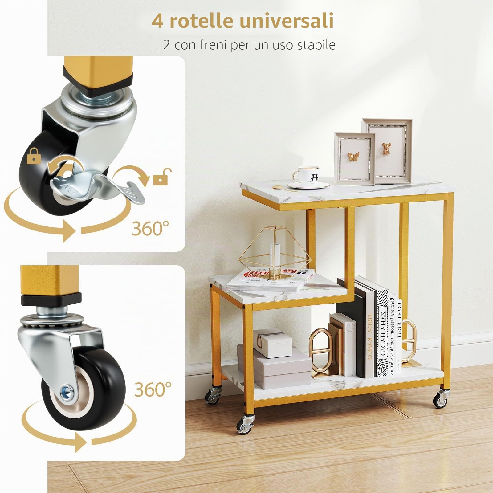 LIFEZEAL Tavolino da Salotto con 4 Ruote, con Effetto di Marmo, Tavolino da Caffè, Tavolino Lato Divano Decorativo, Salvaspazio, Moderno, a 3 Ripiani, Telaio in Acciaio, Max 50 kg, 60x30x59 cm, Oro