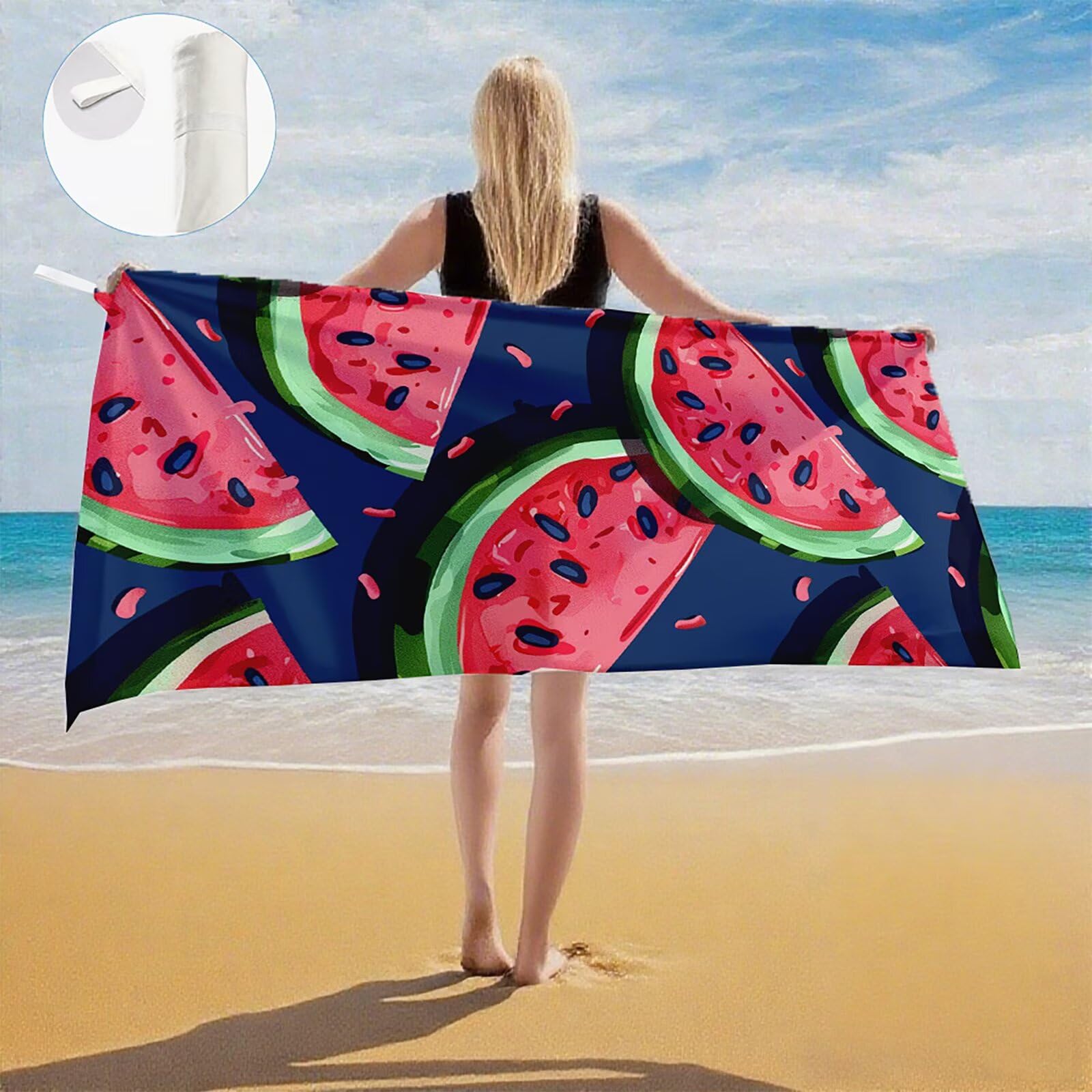 Serviette de Plage Microfibre Serviette Plage 80x180 2 Pack Séchage Rapide, Anti-Sable, Absorbante Fonction drap de plage xxl pour Bain, Sport, Voyages, Sauna, Piscine, Yoga, avec Sac Pastèque Q-268