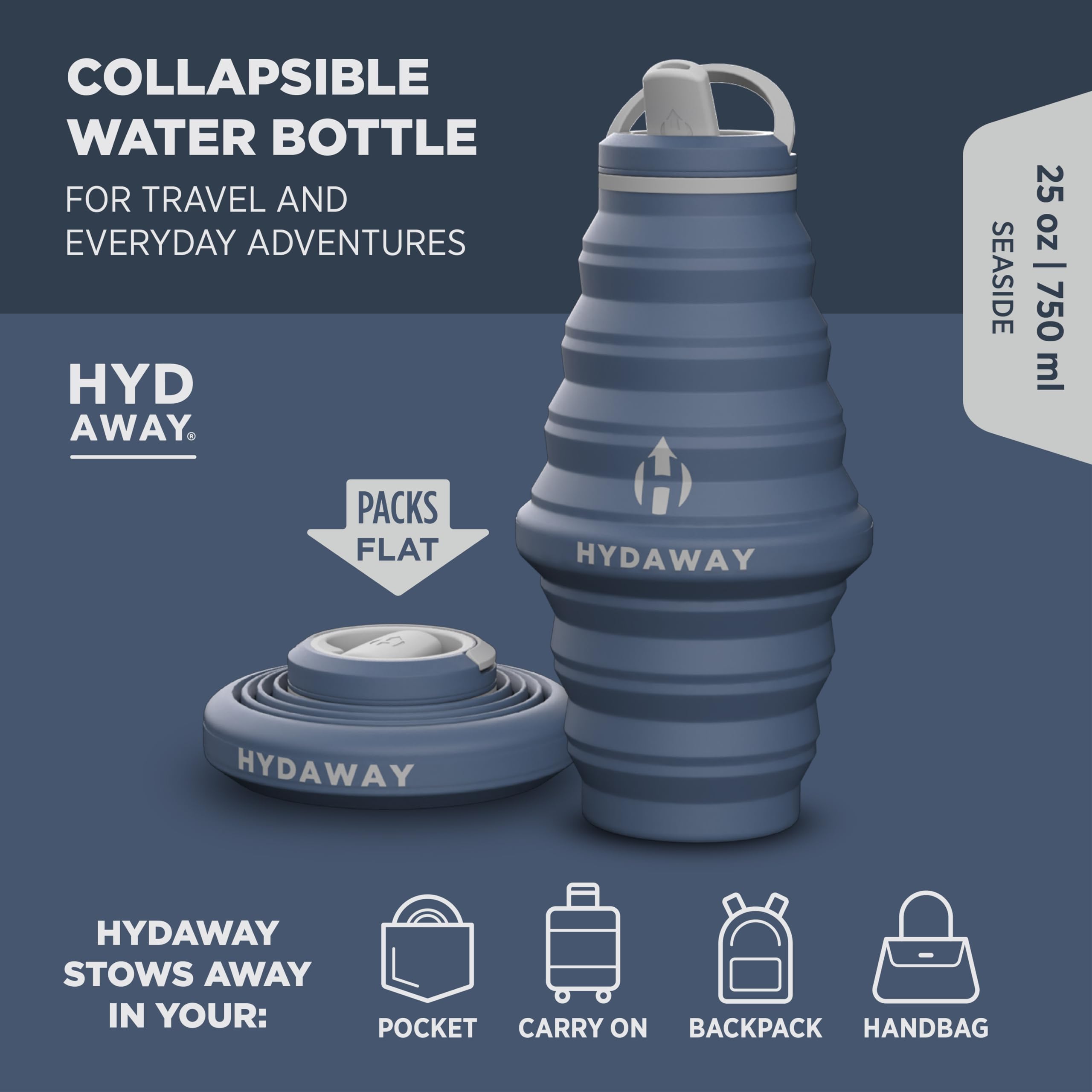 HYDAWAY - Bouteille d'eau pliable, couvercle à rabat, facile à emporter, pratique lors de vos déplacements, silicone de qualité alimentaire, 750 ml
