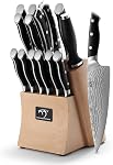 Damascus Kitchen Knife Set, 9 Pieces Knife Sets for Kitchen with Block, Non-Slip ABS Ergonomic Triple Rivet Handle for Chef Knives, Knife Sharpener and Kitchen Shears, Natural Wooden
