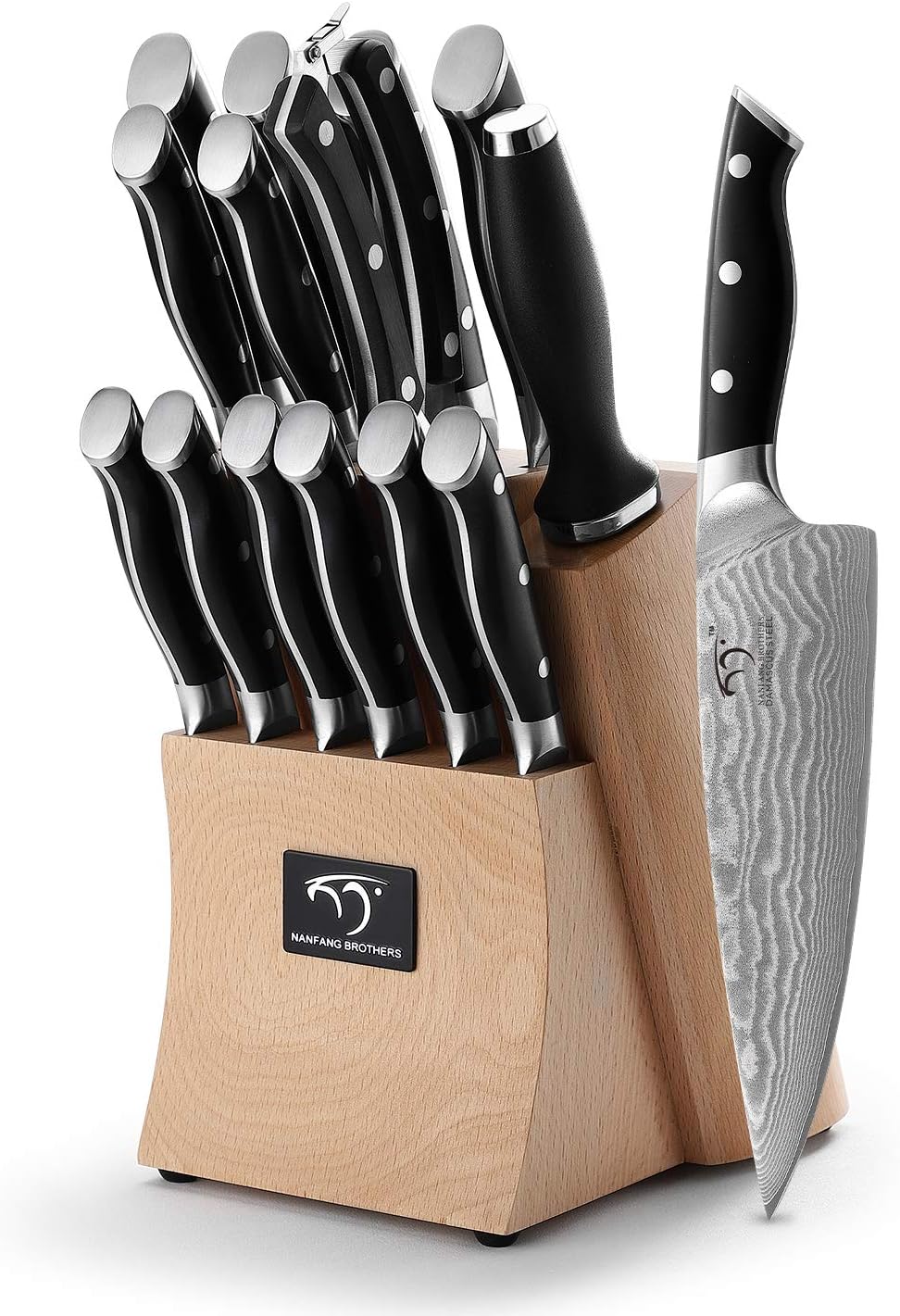 NANFANG BROTHERS 15-Piece Damascus Kitchen Knife Sets with Japanese 67-Layer Damascus Steel, ABS Ergonomic Handle for Chef Knife Set, Ultra Sharp Knife Set with Sharpener, Beechwood Block