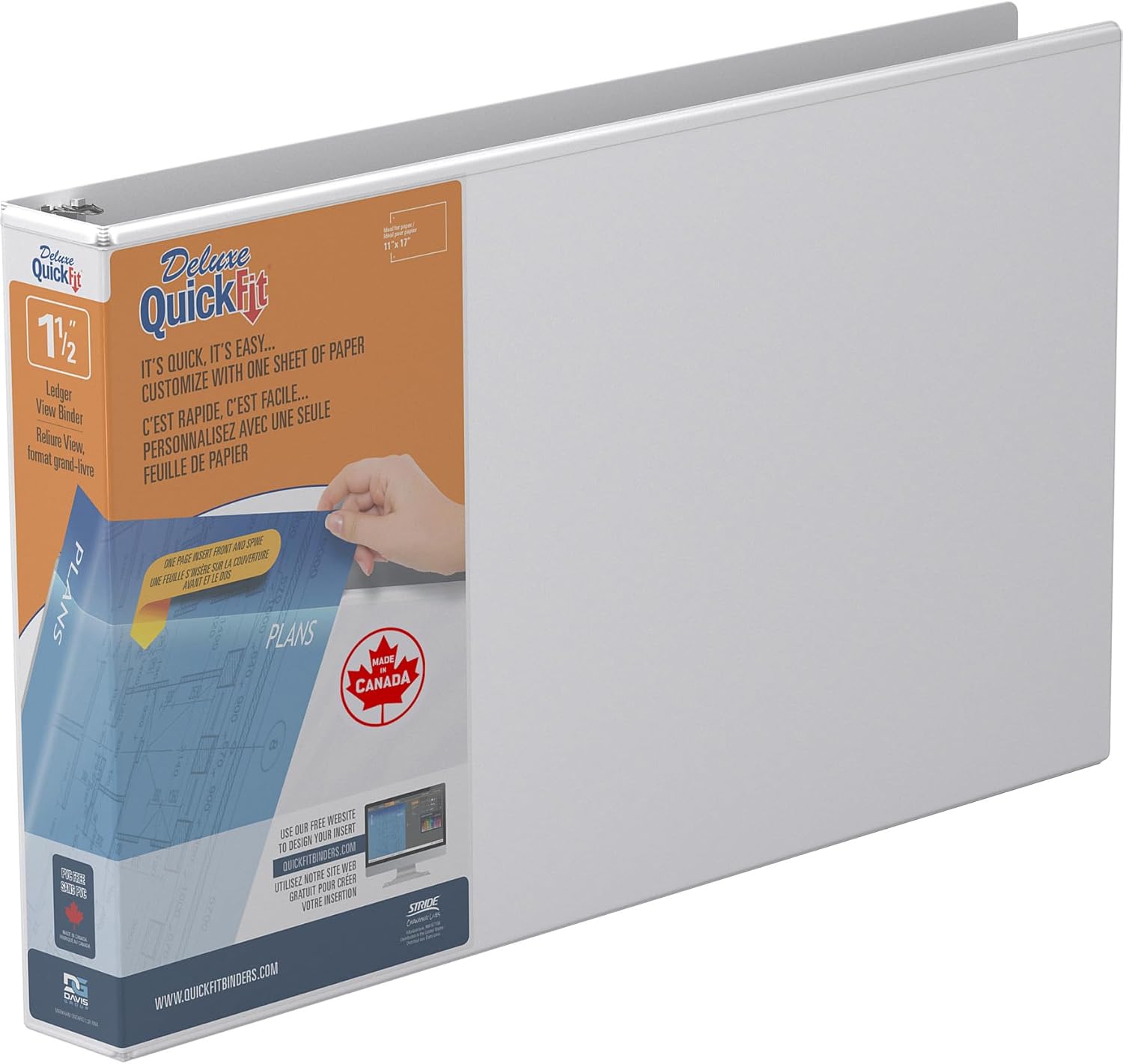 Stride® QuickFit® D-Ring Overlay Binders, Ledger, 1 1/2" Rings, 11" x 17" Sheet Size, 61% Recycled, White