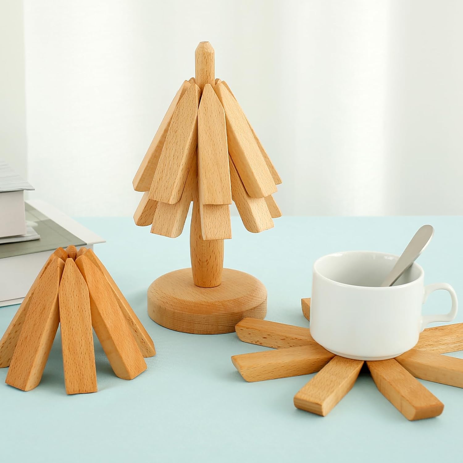 US 4 Pcs Wood Trivet with Holder Creative Tree Shape Trivet Set for Hot Dishes Foldable Wood Hot Pads Trivets Heat Resistant Pads 7.8inch Wood Trivet Set Wood Placemats for Pot Bowl Teapot(Beech)