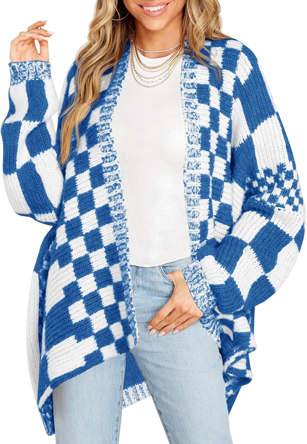 Saodimallsu Womens Checkered Sweater Color Block Plaid Cardigans Oversized Long Sleeve Knit Open Front Coats