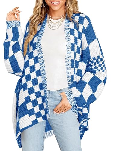 Saodimallsu Womens Checkered Sweater Color Block Plaid Cardigans Oversized Long