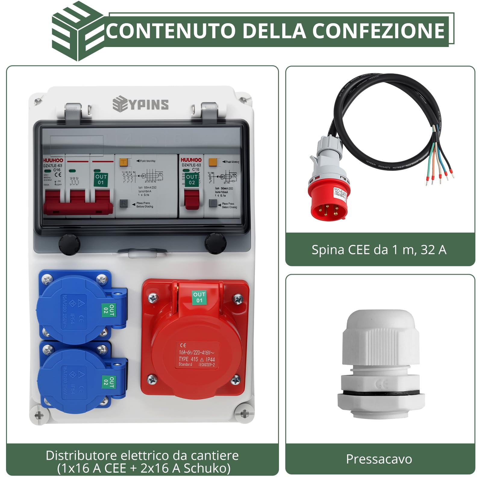 EYPINS Distributore di Corrente da Cantiere con Cavo 1M,2 Schuko+1 CEE 16 A | Protezione FI/LS,Presa Schuko e CEE,Quadro Elettrico Esterno da Parete,Impermeabile IP66,per Giardino,Garage,Officina,Cortile