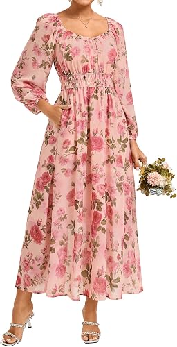 GRACE KARIN Women's Fall Long Sleeve Floral Wedding Guest Maxi Dress | Sweetheart Neck Smocked Long Dress,Chiffon,Flowy A Line Outfit with Pocket for Formal,Tea Party,Bridal Shower,Bridesmaid