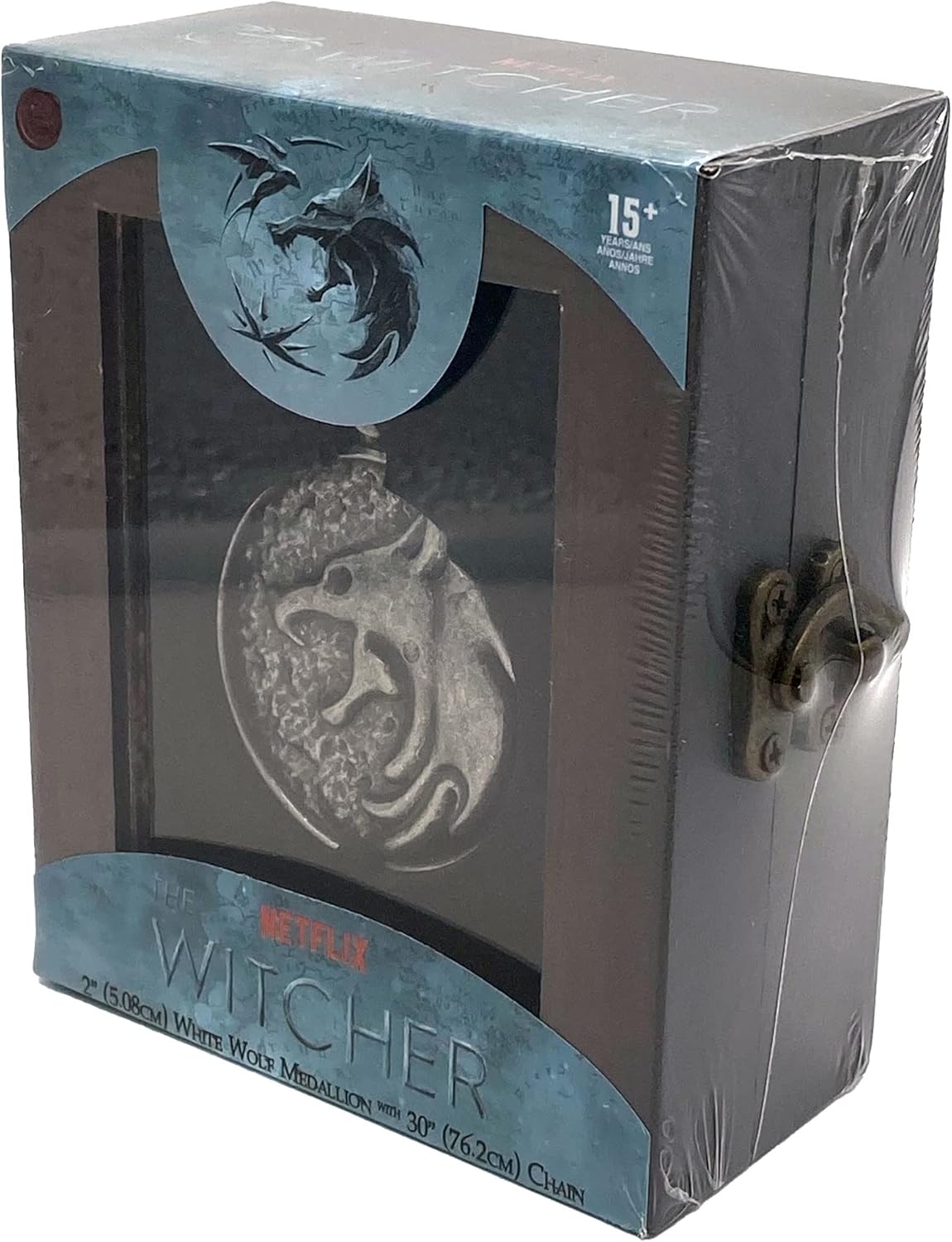 JINX Netflix's The Witcher White Wolf Medallion Necklace + Wooden Collector Box, Authenic Show Replica