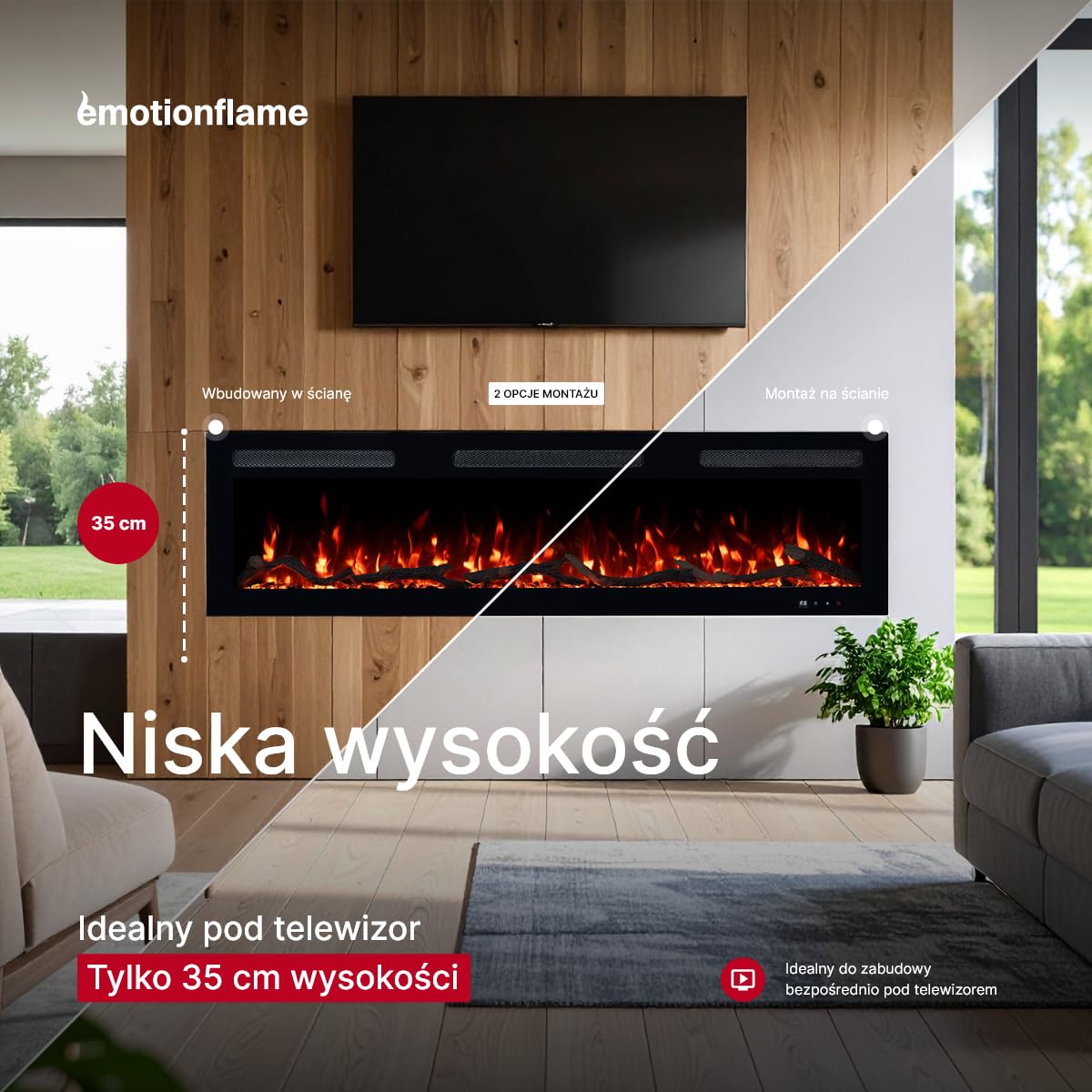 Kominek elektryczny Emotion Flame Monarch 127 - ogień premium - na ścianę i do zabudowy - 127x13x35 cm - kominek LED z grzaniem 900/1800 W