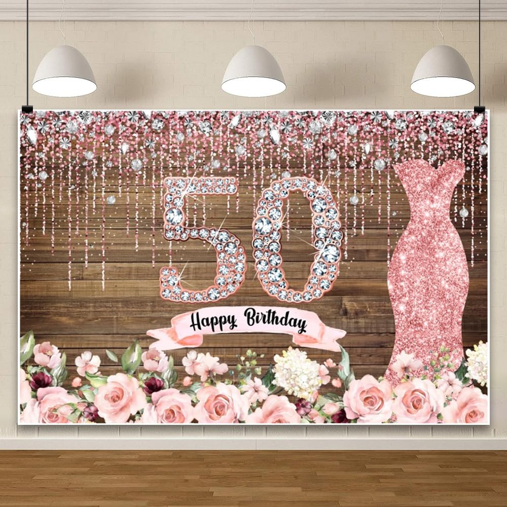 ChloropLastid 10x8ft Happy 50th Birthday Backdrop Rustic Pink Flowers Rose Gold Glitter Bokeh Spots Diamond Dress 50th Birthday Photography Background Wooden 50th Birthday Party Decorations Banner