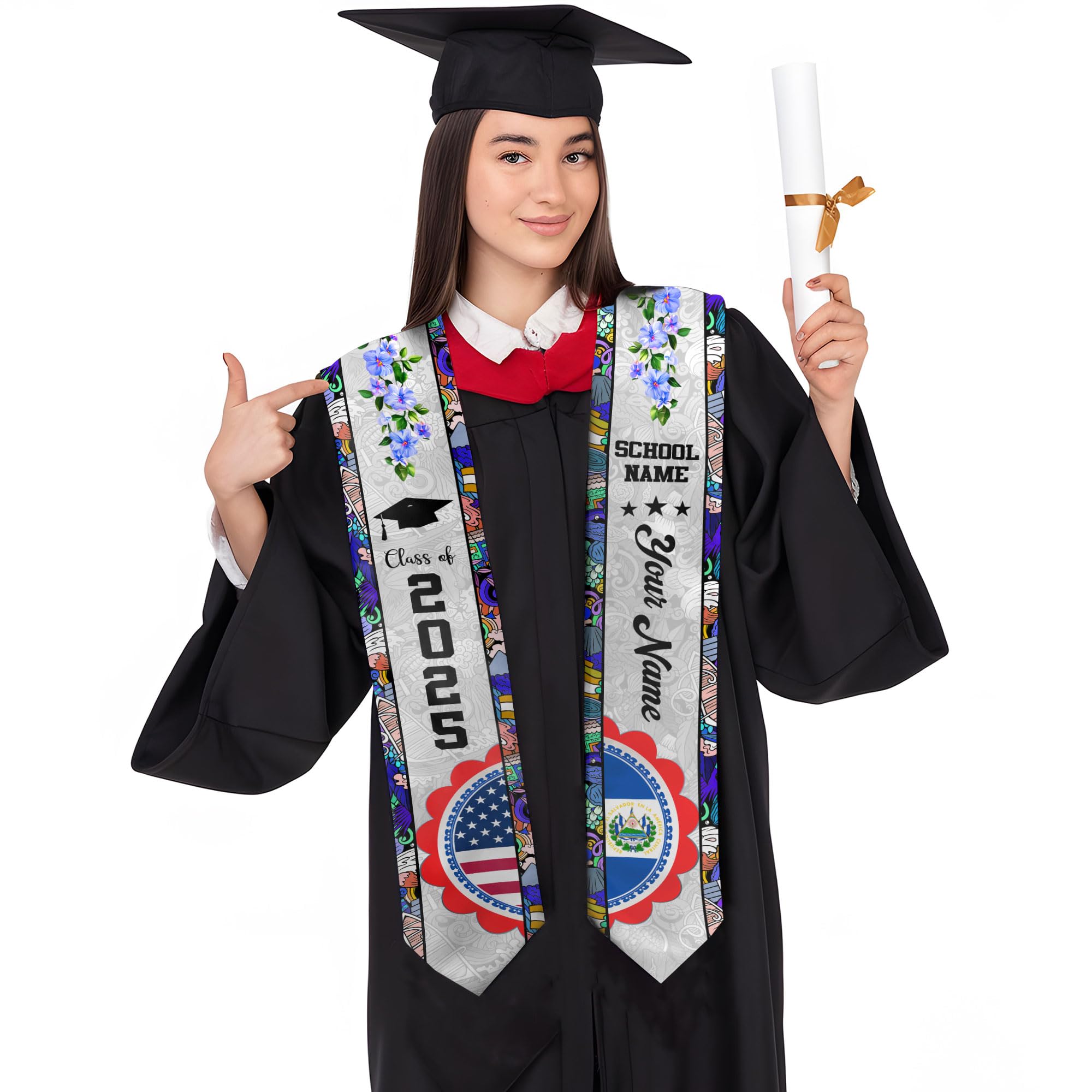 MonkeyVan Custom El Salvador Graduation Sash, El Salvador Stole, Salvadorans Graduation Sash 2025, El Salvador Flag Grad Stole Esvd 10
