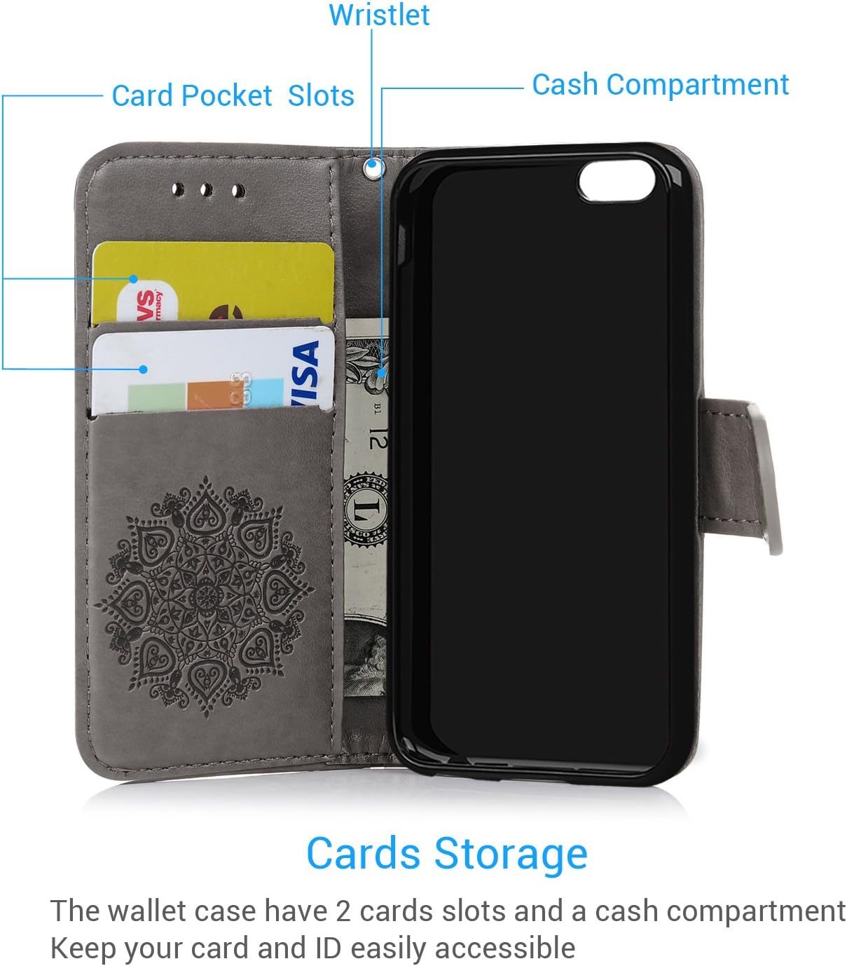 SUPWALL Compatible with iPhone 6 6S Wallet Case, iPhone 6 6S Case PU Leather Embossed Mandala Florals TPU Cover Magnetic Detachable Wallet Card Slots Wrist Strap Case for iPhone 6 6S 4.7 inch Gray