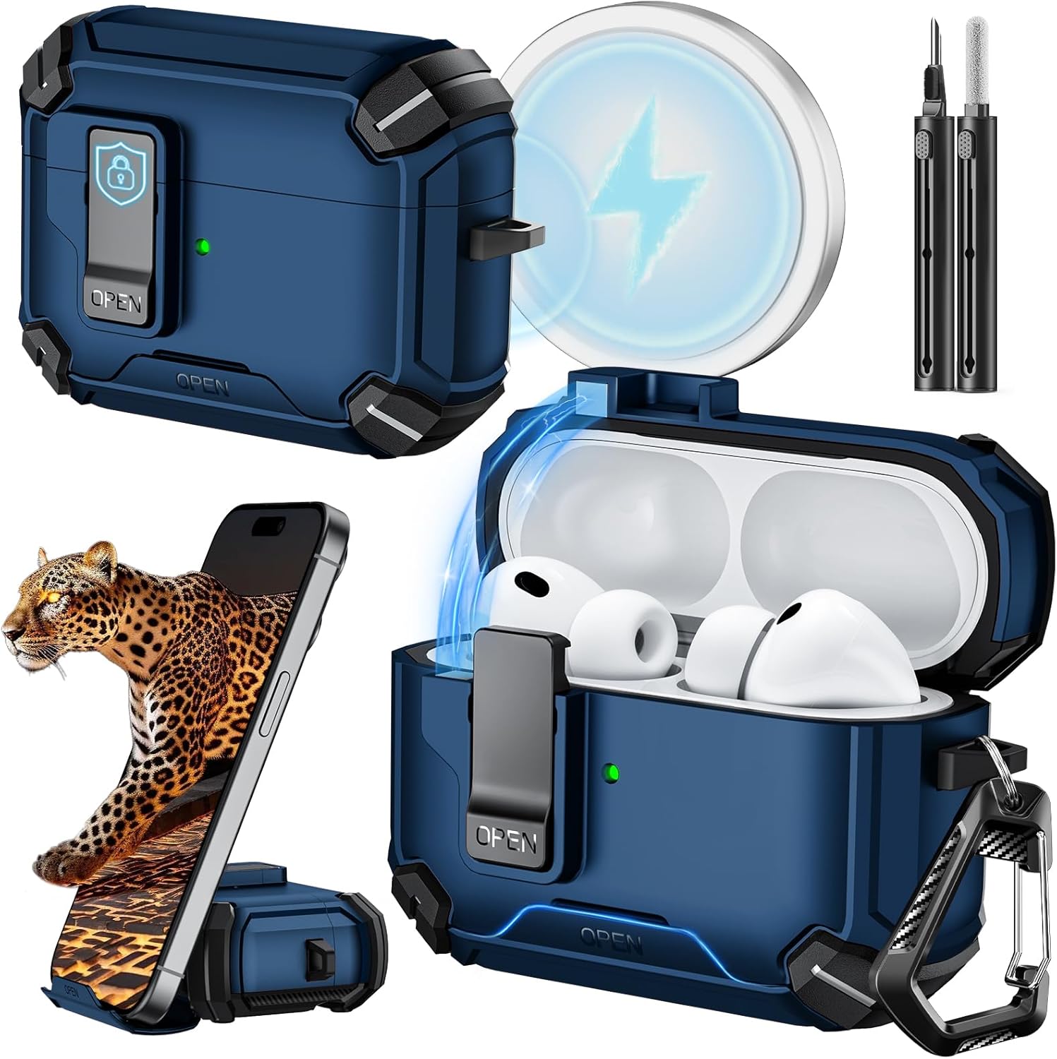 Inesore for AirPods Pro 3 Case (2025) with Phone Stand & Cleaning Kit,Compatible with Magsafe,Magnetic Automatic Lock Cover for AirPods Pro 3rd Generation, Black B-blue Airpods Pro 3 (2025)