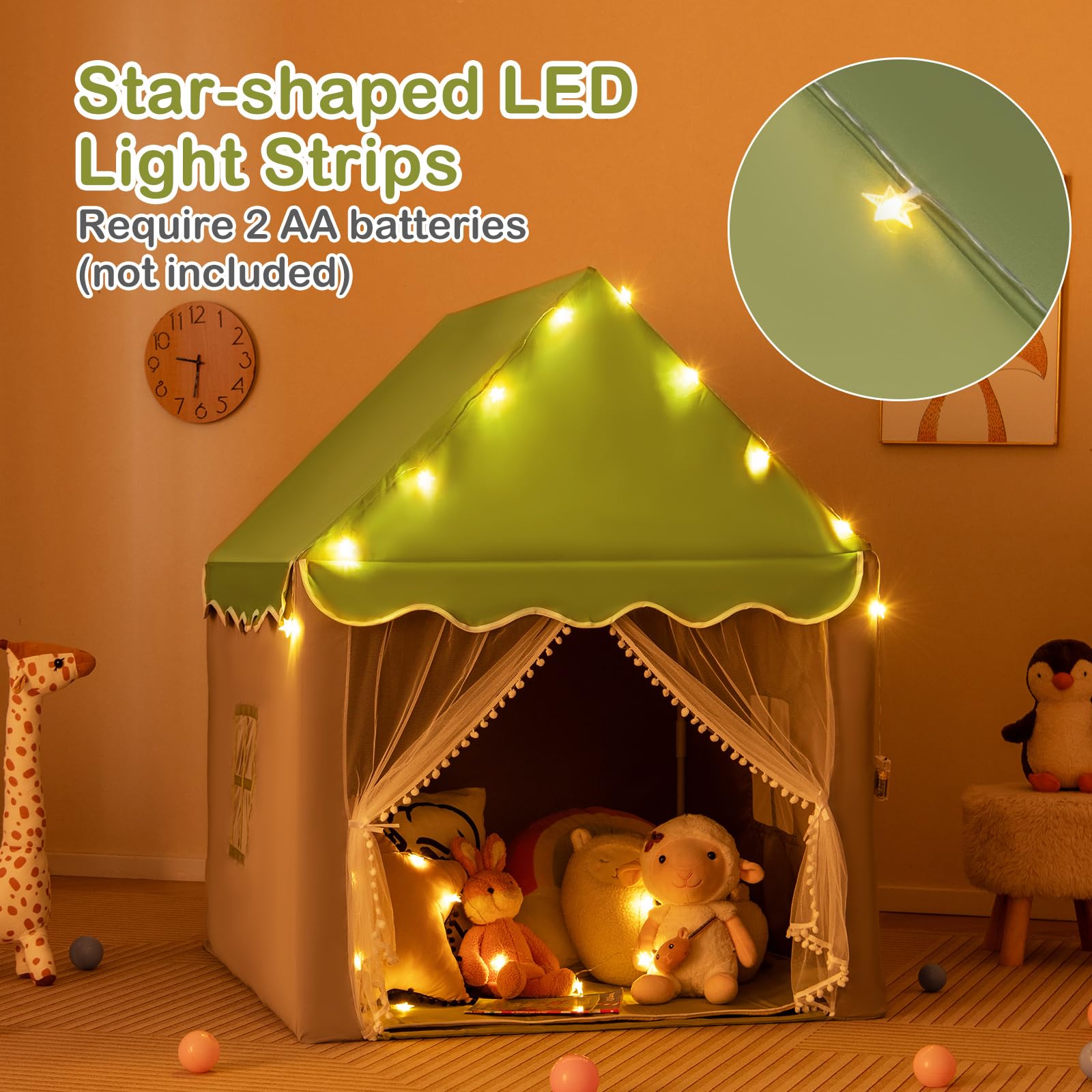 HOMASIS Tienda de campaña Infantil de Interior, Castillo de Juegos con Alfombra Lavable y Luces LED en Forma de Cuerda, Casita con Cortinas y Ventanas, para niños y niñas, 121x105x136cm (Verde)