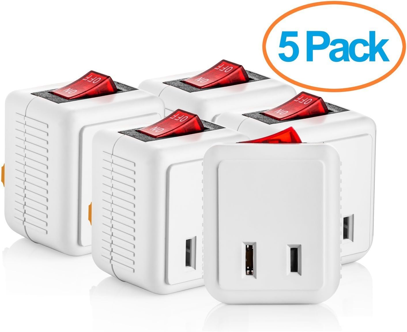 Yubi Power Single Port Outlet Wall Tap Adapter 2 Prong One Outlet Adapter With Lighted Switch Power On Off Control - 5 Pack