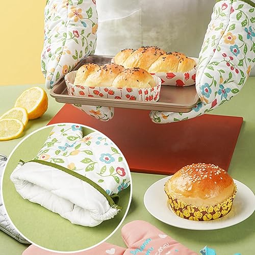 Miniatura 6 de 2 guantes de horno con patrón de flores, guantes de cocina de algodón, resistentes al calor, guantes de hornear para cocinar, asar a la parrilla,