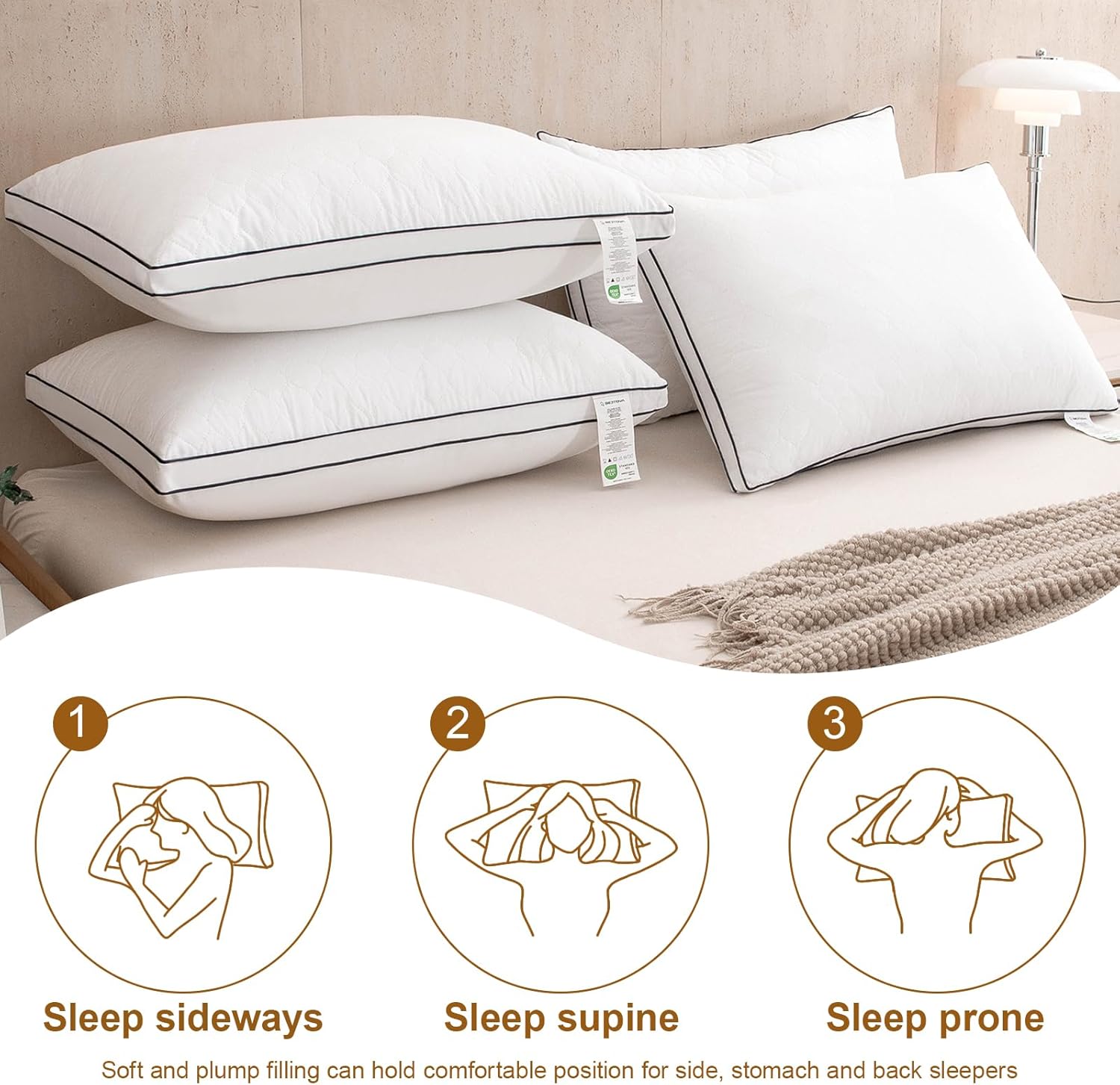 Pillows King Size Set of 4,Quilted Reversible Bed Pillow, Luxury Hotel Quality 3D Microfiber Filling with Breathable Cover for Side Back and Stomach Sleepers, Reduces Neck Pain 18x34 - Image 3