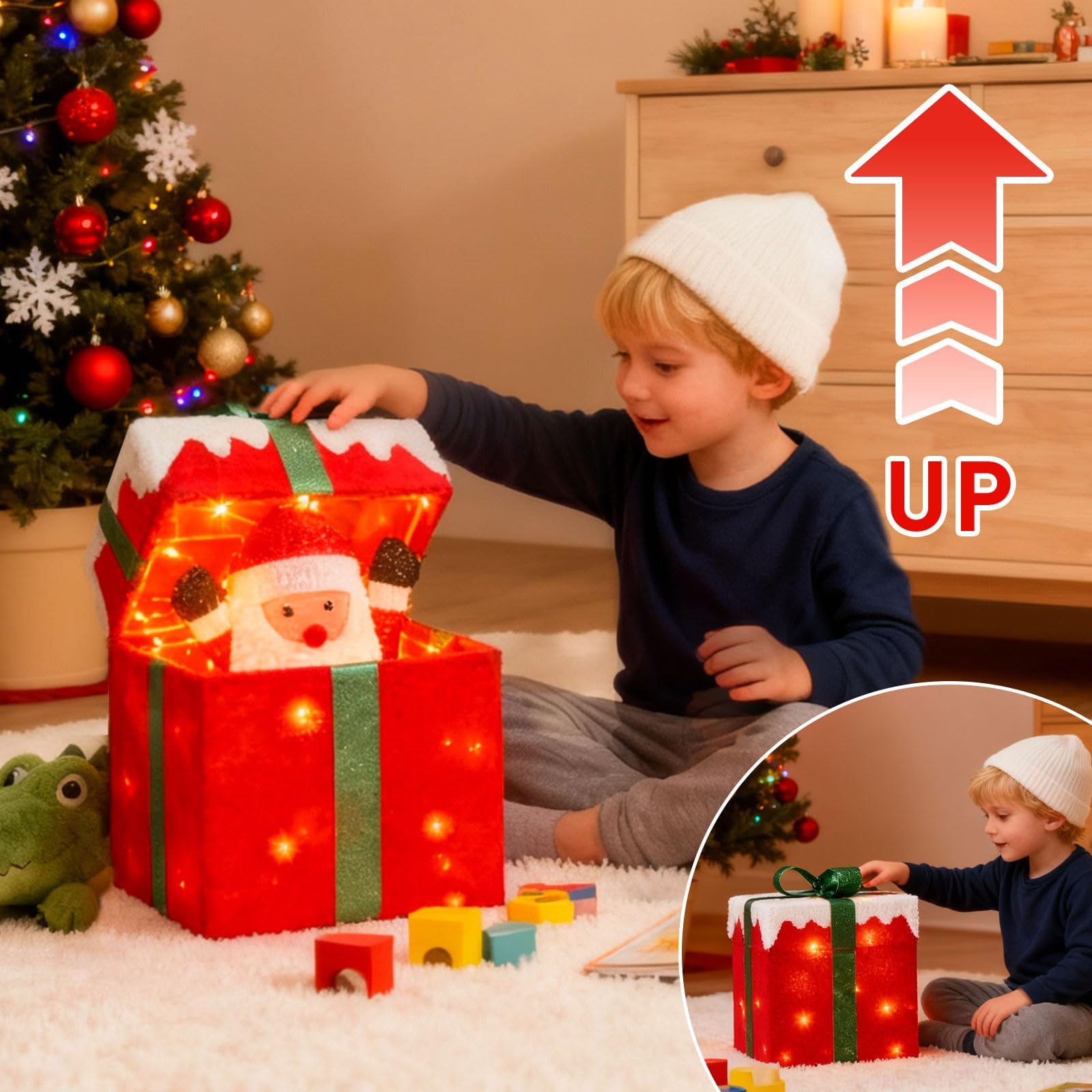 Scatola regalo LED con apertura automatica e Babbo Natale, decorazione natalizia illuminata per esterni con musica, 4 modalità e sensore di movimento, luci natalizie con 48 LED, 28×18×30 cm
