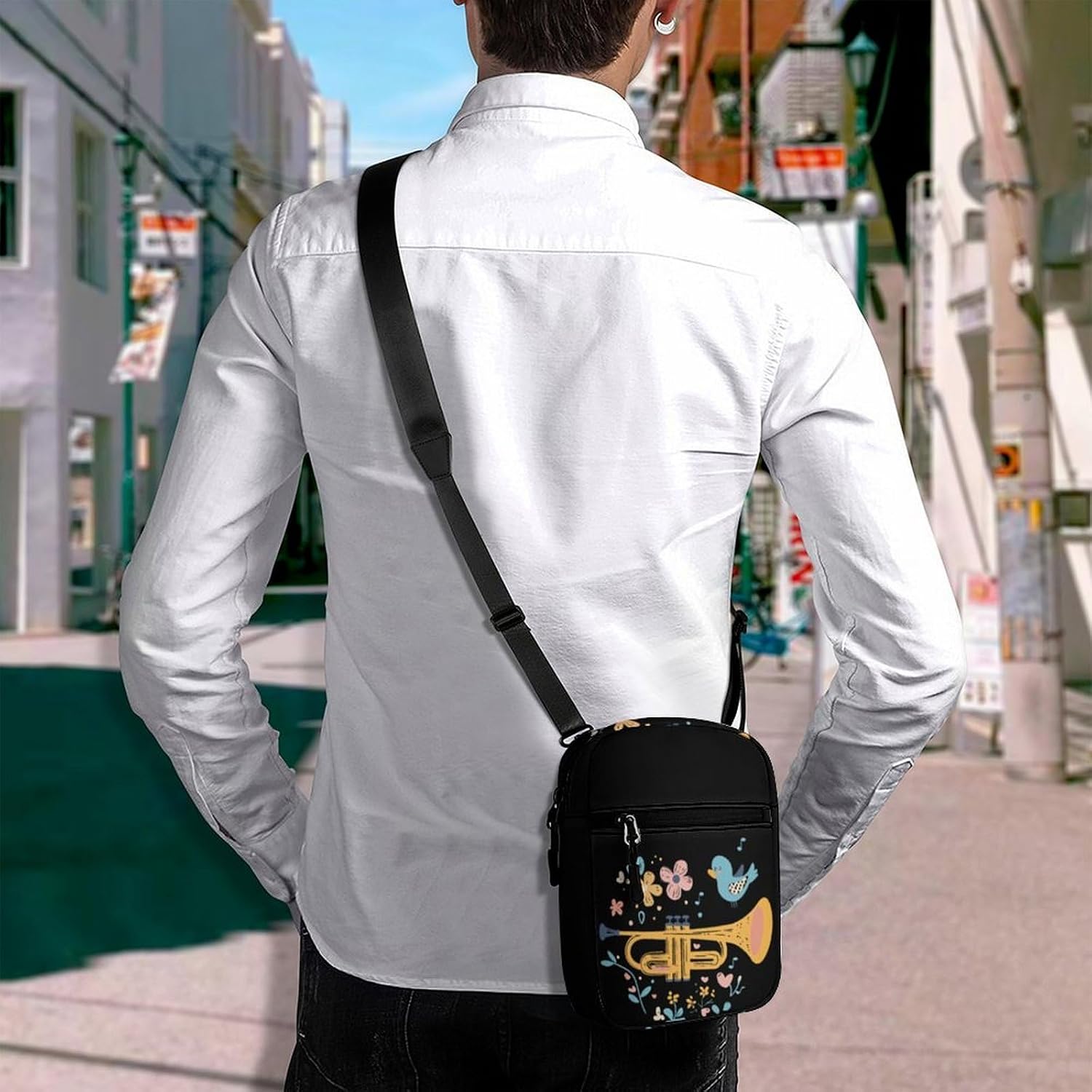 Cute Trumpet Birds Flowers Small Crossbody Bag Sling Shoulder Satchel | for women men,work travel workout,detachable and adjustable shoulder strap