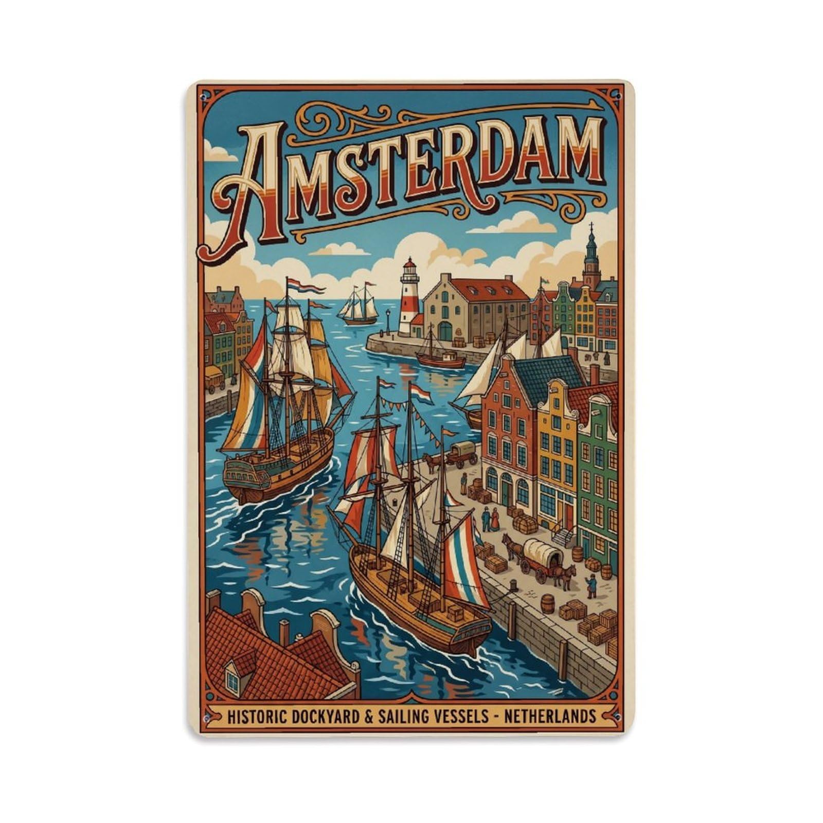 Okngb Style Amsterdam Maritime Dockyard Waterway Classic Tourism Metal Tin Sign Plaque Wall Decor For Cafe, Man Cave, Club Bar, Office, Home Garden Round Metal Poster 8X12inch
