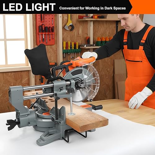 Miniatura 7 de Sierra ingletadora compuesta de 12 pulgadas, sierra ingletadora deslizante LAZYLAND 15A 5000RPM con doble bisel 0-45, luz de trabajo LED y bolsa de