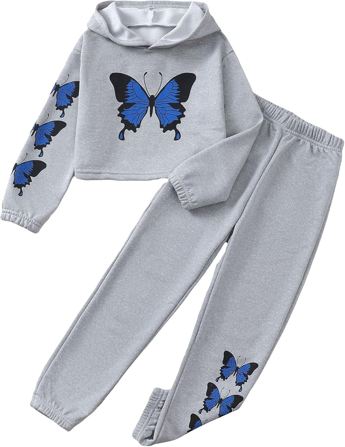 Girls' Clothing Set Butterfly Print Crop Top Hoodies Sweatpants 2 Piece Outfits Kids Sweatsuit Tracksuit Jogger Set