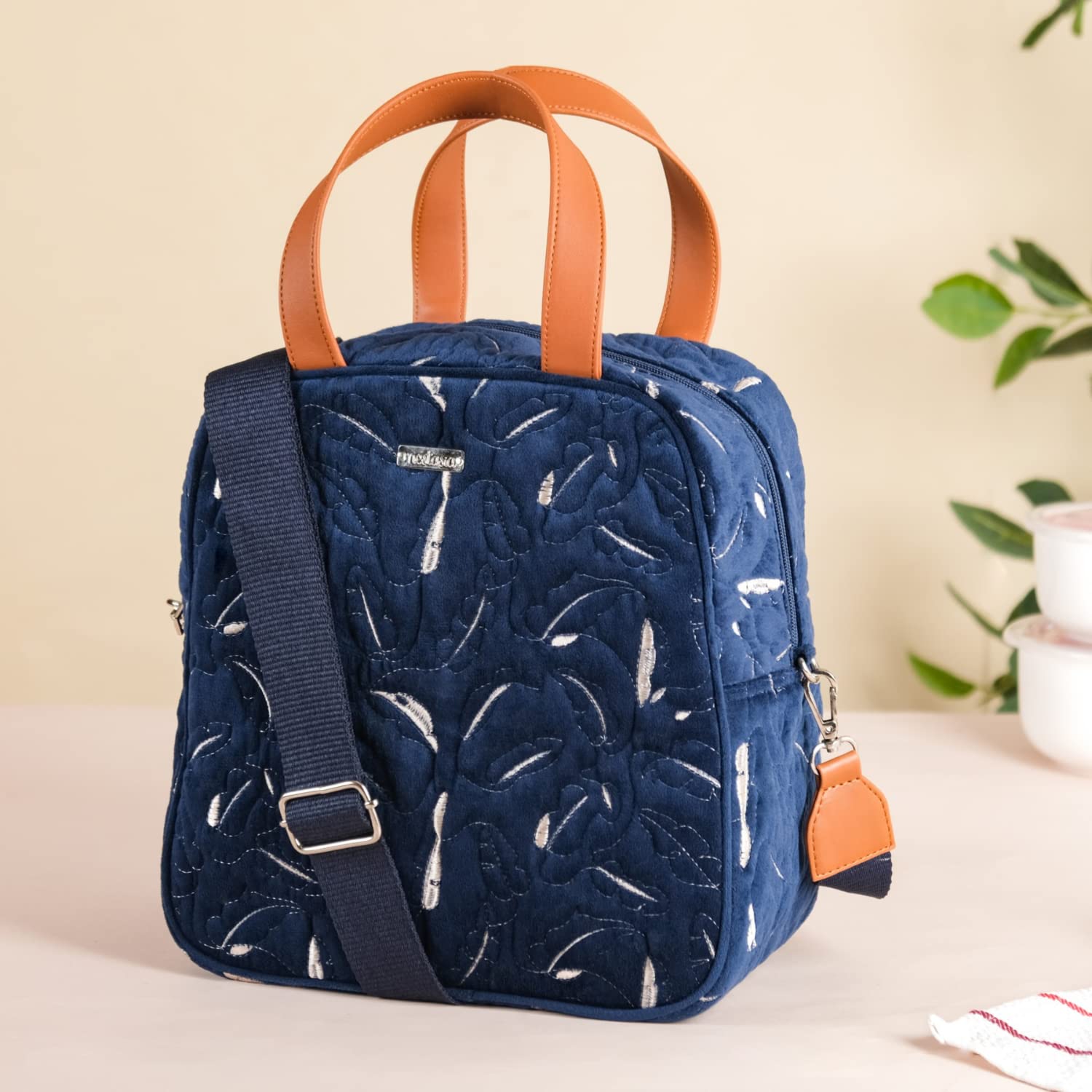 Nestasia Velvet Insulated Lunch Bag For Office Women & Men | Quilted & Embroidered Design With Adaptable Shoulder Strap | Fits 1 Litre Bottle | Navy Blue