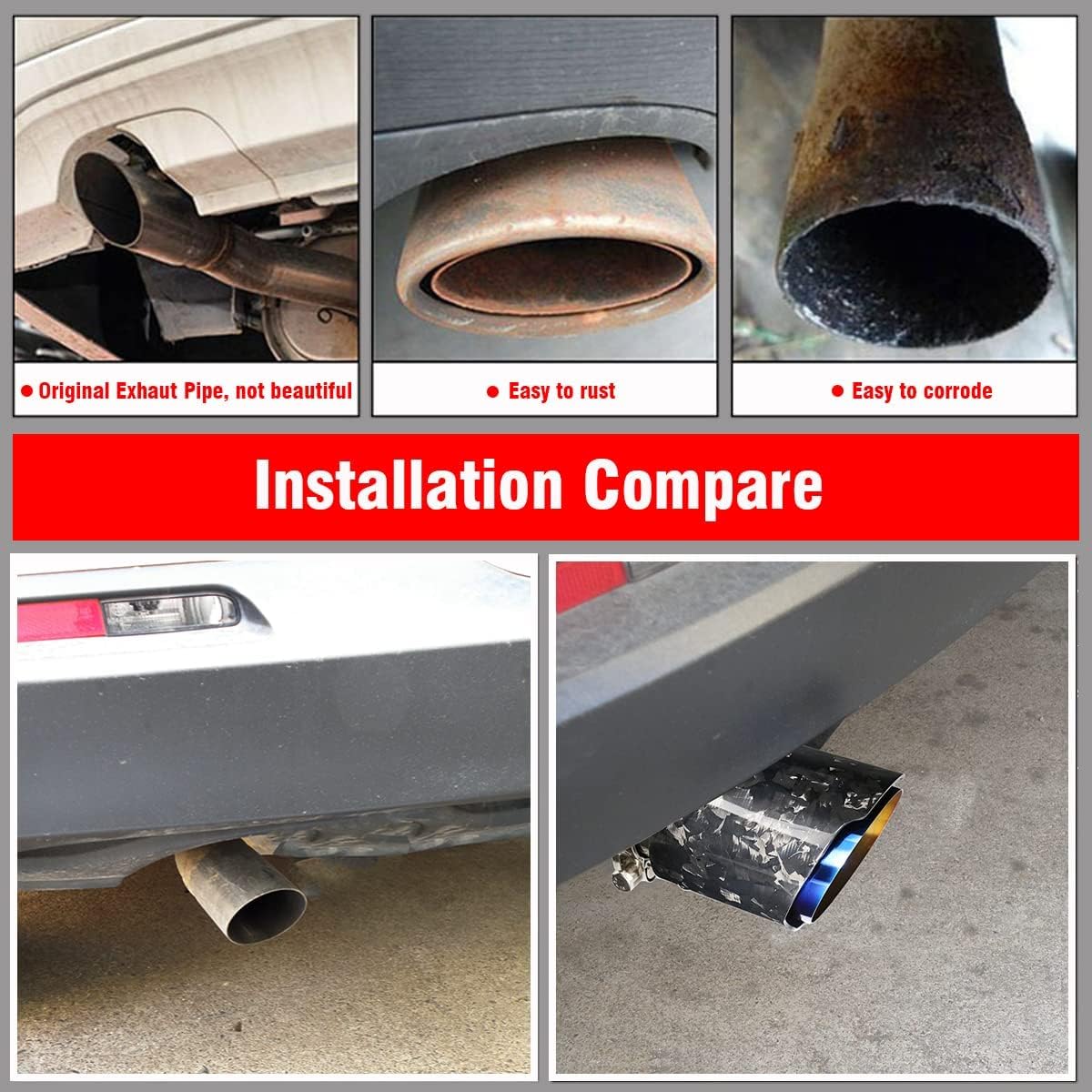 Carbon Fiber Exhaust Tip Bolt-On Exhaust Pipe Glossy Forged Tailpipe Blue Burnt Stainless Steel Muffler Tip Inlet ID 2.5 inch Outlet OD 3.5 inch