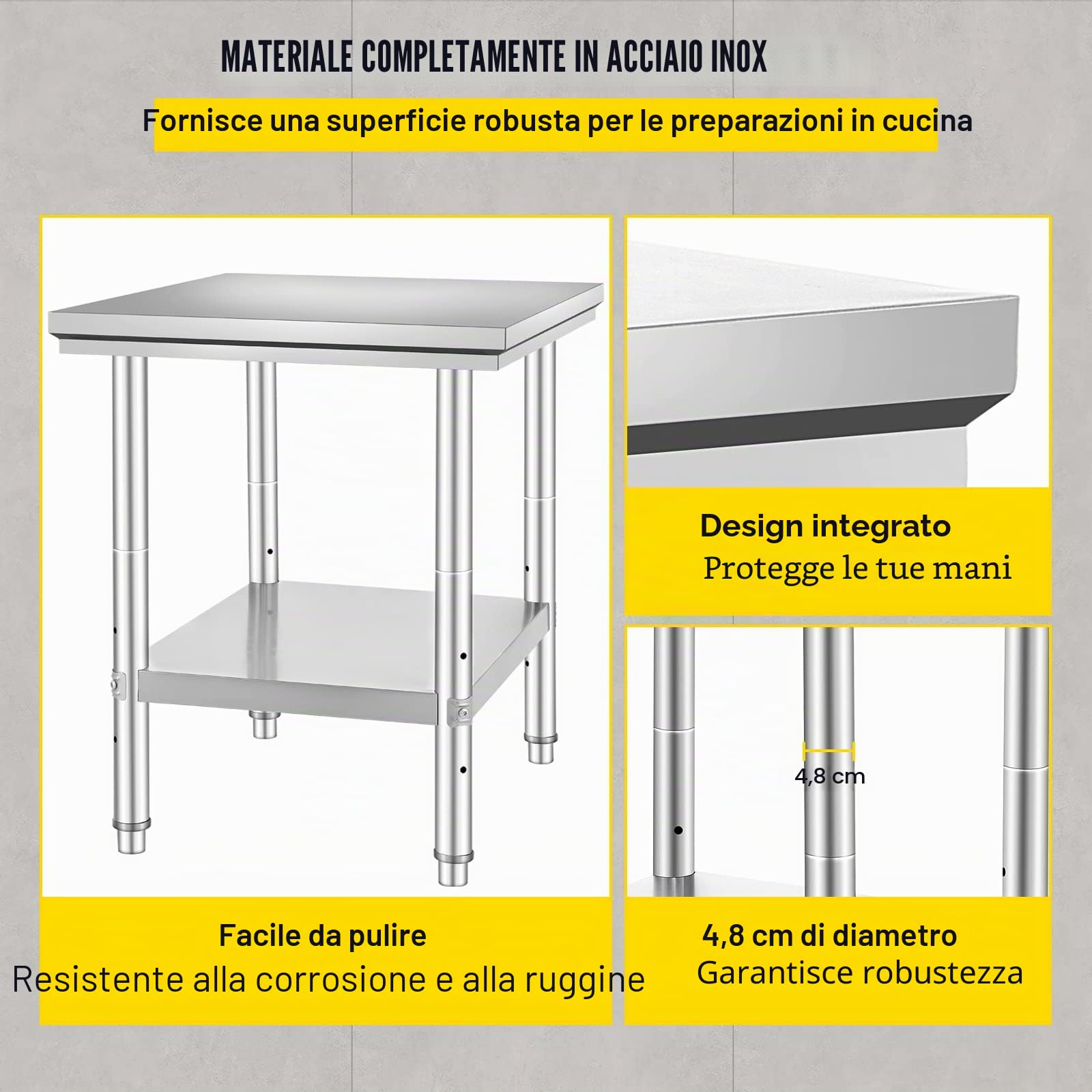 VEVOR 60 x 76 x 80cm Piano di Lavoro per Cucina Professionale Acciaio Inox, Tavolo da Lavoro da Cucina Piano di Lavoro Inox, Tavolo da Lavoro per Cucina Professionale in Acciaio Inox con Baclsplash