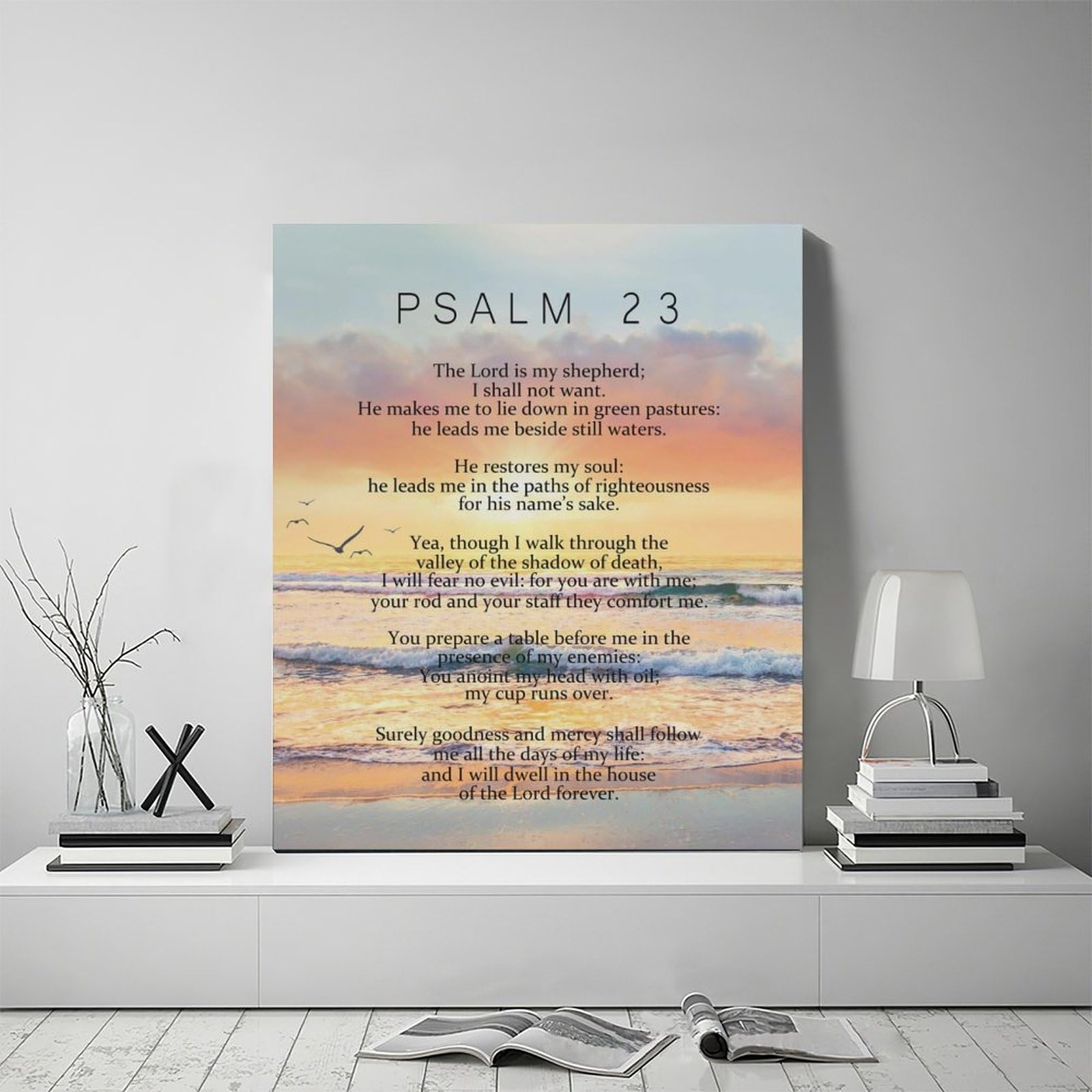 Salmo 23 - Arte de pared con versículos bíblicos, decoración de pared, Escrituras cristianas, Salmos, impresiones en lienzo, pintura religiosa, puesta de sol enmarcada, obra de arte para baño,